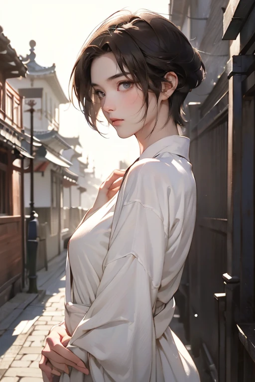 masutepiece, Best Quality, 8K, Cinematic Light, 超A high resolution, chinese art, Chinese paintings, 1boy, Upper body, in a street,short-hair、Short hair、Looking at the camera、Look more towards me、Show me the whorl、Please turn your body forward、