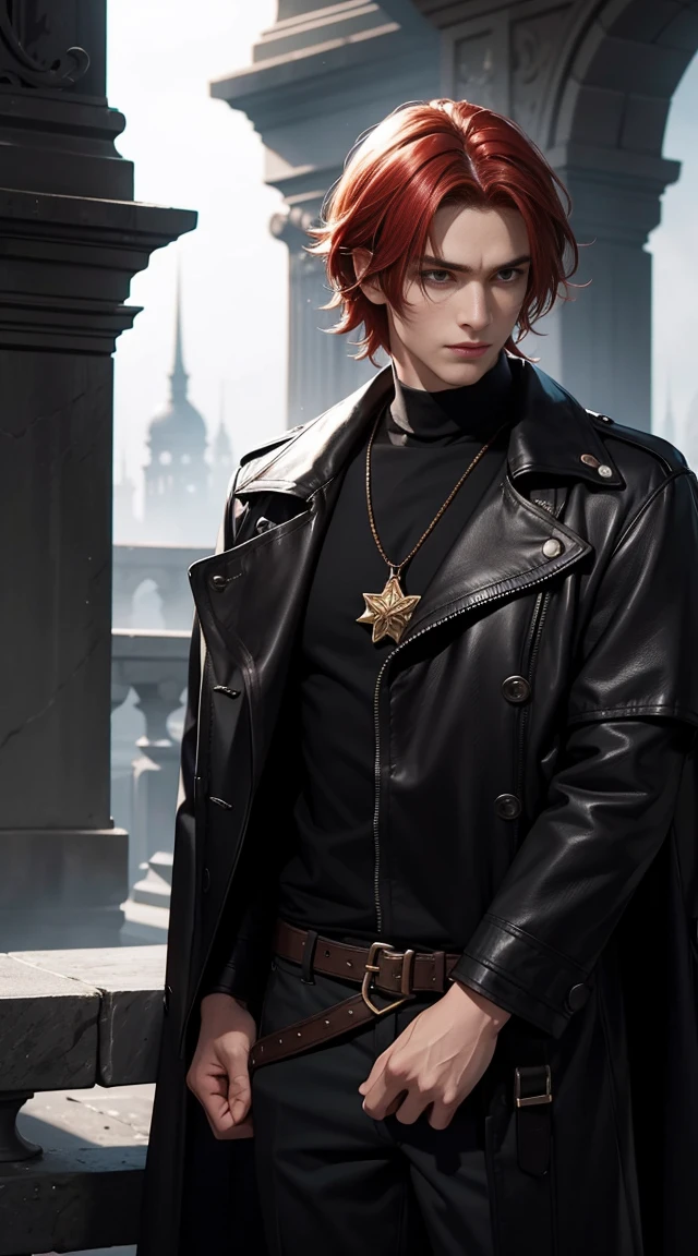 "4K, Deep dark ruins without light, There a mature man, red hair, close golden eyes, Wear a black coat"