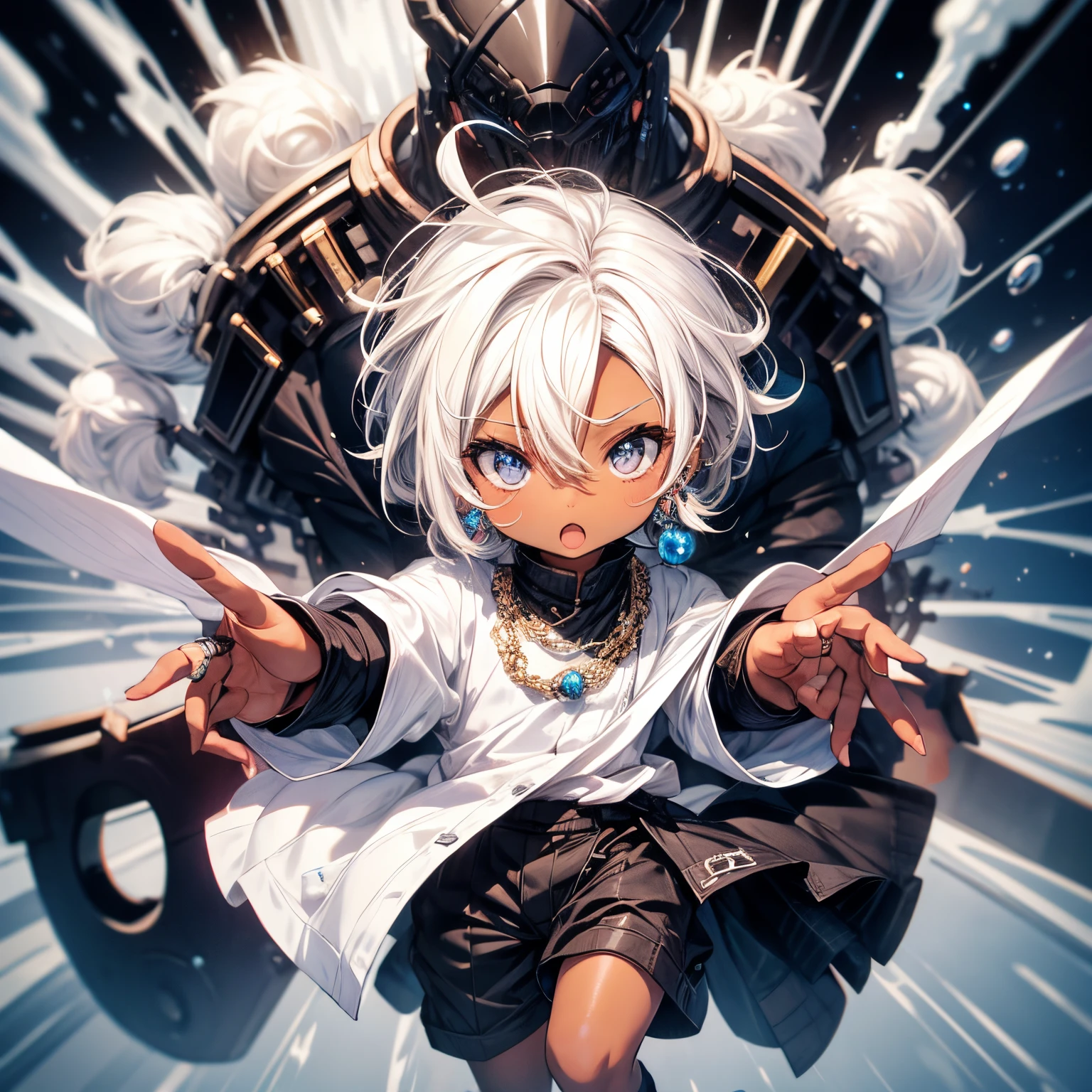 Chibi  boy, dark skin, white hair, bead earrings