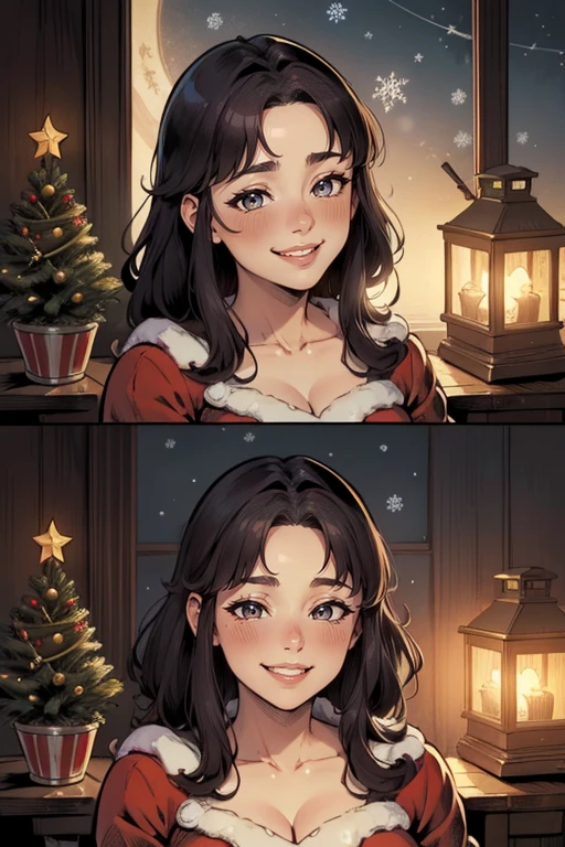 Vintage retro art printing of a smiling woman, perfect face, symmetrical face, French face, face, mischievous smileshe wearing an intricate santa costume,as scenery a cozy christmas workshop, in the art style of gil elvgren, award winning, masterpiece, dramatic lighting,comic
