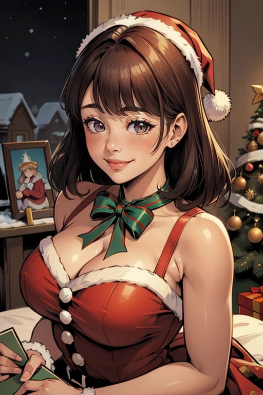 Vintage retro art printing of a smiling woman, perfect face, symmetrical face, French face, face, mischievous smileshe wearing an intricate santa costume,as scenery a cozy christmas workshop, in the art style of gil elvgren, award winning, masterpiece, dramatic lighting,comic