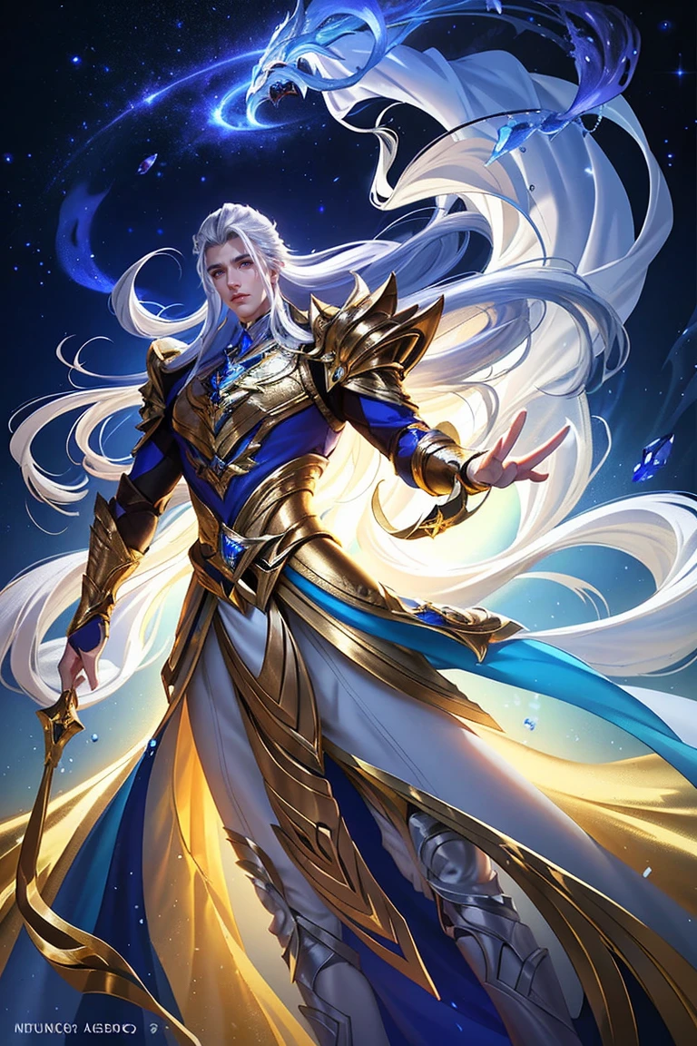 tmasterpiece，male people， full bodyesbian，the only person，（Best quality at best）， （1bo armor， long flowing silver hair，style of anime, god light,  dynamicposes，starrysky，meteors，rays of moonlight，