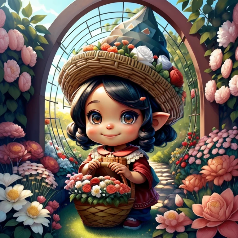 (cute black baby gnome smiling with basket of flowers in beautiful garden) stylized identical to 1940 |)), acolchoamento ,multidimensional geometric wall PORTRAIT, arte, Chibi,
Yang016K, lindo,(( cor vermelha predominante, rosa e branco))
Primary works, qualidade superior, melhor qualidade, Arte Oficial, Lindo e Estetaduardo Kobra acolchoamento ,multidimensional geometric wall PORTRAIT, arte, Chibo,detalhes