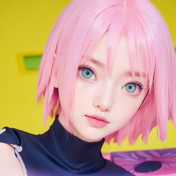 young woman, porcelain skin, short pale pink hair, pink eyebrows, jade green eyes, button nose, thick peach lips, heart-shaped face, wide forehead, black clothes, Sakura Haruno, realism, 3d