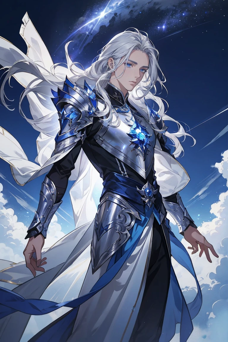 tmasterpiece，male people，the only person，（Best quality at best）， （1bo armor， long flowing silver hair，style of anime, god light,  dynamicposes，starrysky，meteors，rays of moonlight，