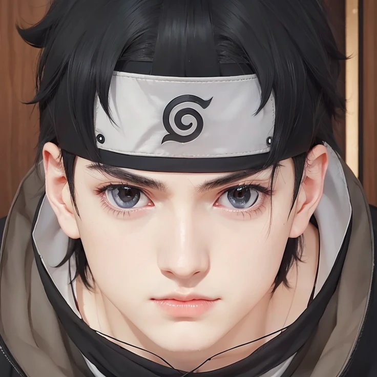 young man, pale skin, messy black hair, black eyes, thick lips, black clothes, Shisui Uchiha, realism, 3d