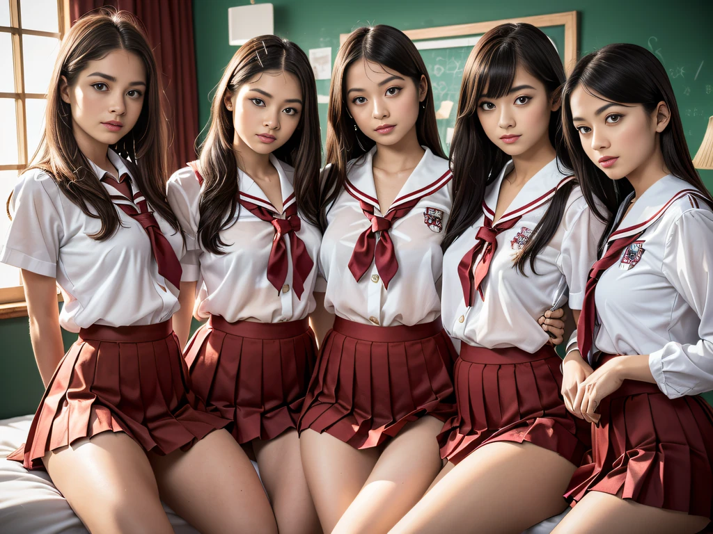 (Masterpiece, Professional lighting, 16k, 8k wallpaper, raw photo, photorealistic:1.8, ultra detailed, natural gentle lighting, detailed skin, detailed face, detailed eyes, textured skins, cinematic composition, detailed background:1.2 ), (High school girls inside royal bed room:1.4, Japanese highschool uniform), looking at viewer, Shy face, shy, embarrassed, grin:0.7, silky skins, no makeup, glossy lips, group shot, (identical school uniform, silky white, see through:0.9), (naked :0.3), (3 girls:1 perfect style, slender), ((attractive feminine body)), laced bra, silky panties, ((wearing identical seifuku, spread legs, pleated skirt, highthigh, blouse, see through))