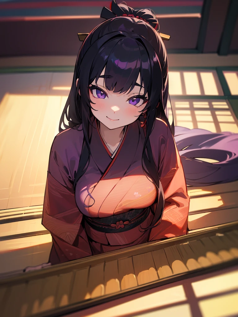 (masterpiece,detailed,top quality,8k,hires:1.3),japanese tatami room,1girl,detailed face,detailed beautiful eyes,purple eyes,shinning eyes,black long hair,red kimono,koto,play the koto,smile,