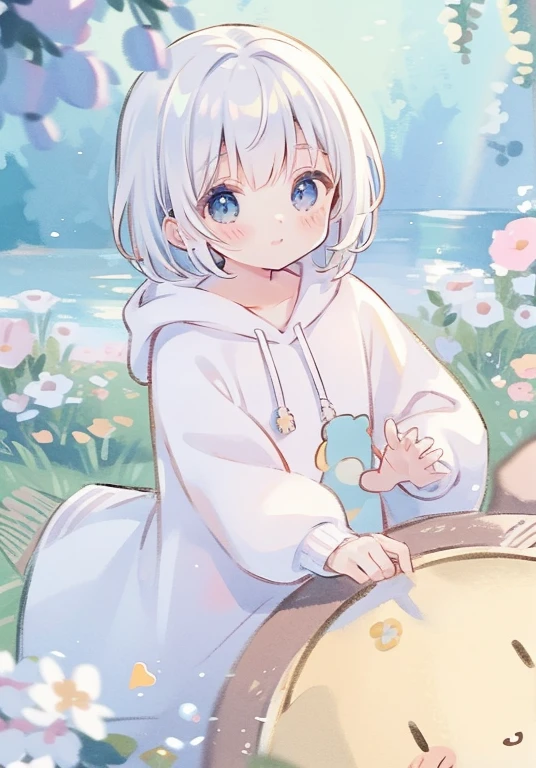 masutepiece, Best Quality, 8K resolution, Sharp Focus, intricate detailes, Beautiful Girl, Sparkling light blue eyes, Golden Ratio Face, watercolor paiting, Pastel colors, High resolution, Fine detail, Liquid Ball Gown, ((Round eyes))White hair、About 、Bob Hair、Very transparent、An ultra-high picture quality、high-level image quality、wearing hoodies、Wearing a hood、An ultra-high picture quality