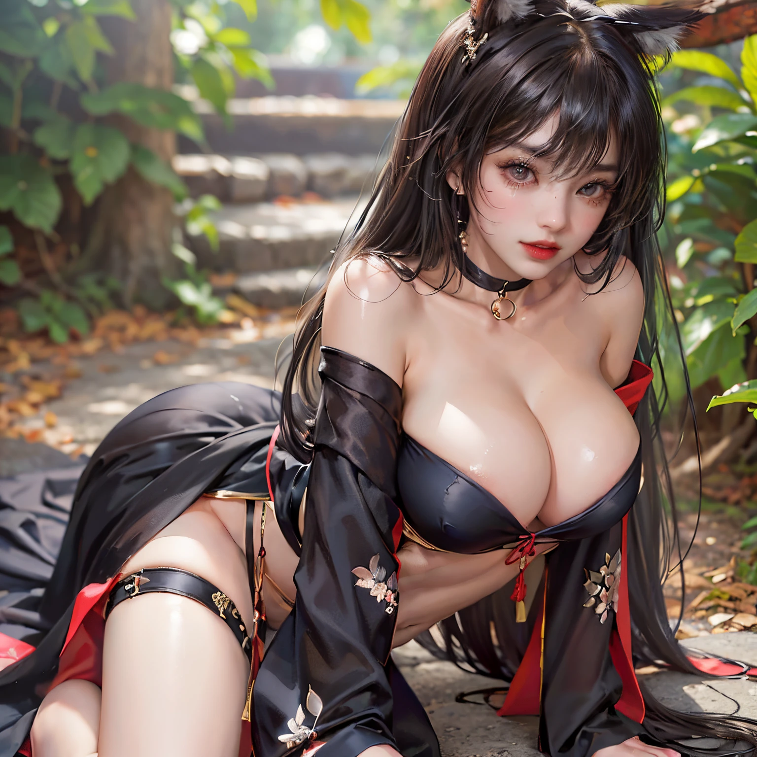 Sexy Asian woman in black and red lingerie suit posing outdoors, Anime girl cosplay, Seductive Anime Girl, goddess of Japan, Anime Cosplay, anime goddess, ahri, beautiful anime girl squatting, beautiful alluring anime woman, Cosplay, the anime girl is crouching, Someone, Onmyoji, sakimichan, trending at cgstation, charming anime girls, Wonderful, Physically Based Rendering, portraitures、(Thin leg)、 (Lewd smile (paler, full of shyness: 1.3), 、sexypose、sexy facial expression、Sexy Shots、cleavage of the breast、Lower bust、Plump chest、(Thin leg)、perfectbody、sexypose、A smile、A face that shows a very pleasant feeling、Look at you as if you want something、Areola protruding areola recess、sexual excitement, Expose your shoulders,exposing refreshing breasts, Open your clothes, torn open,(The tip of the chest is exposed), (Highly detailed CG Unity 8K wallpapers), (Best Shadows), (realisitic), (pureerosface_v1:0.5), lensflare, (depth of fields), (natural soft light), 超A high resolution, (eye detailed), A charming smile, (brunette) , (exposed breast)、Open outdoor pool、A clear day、