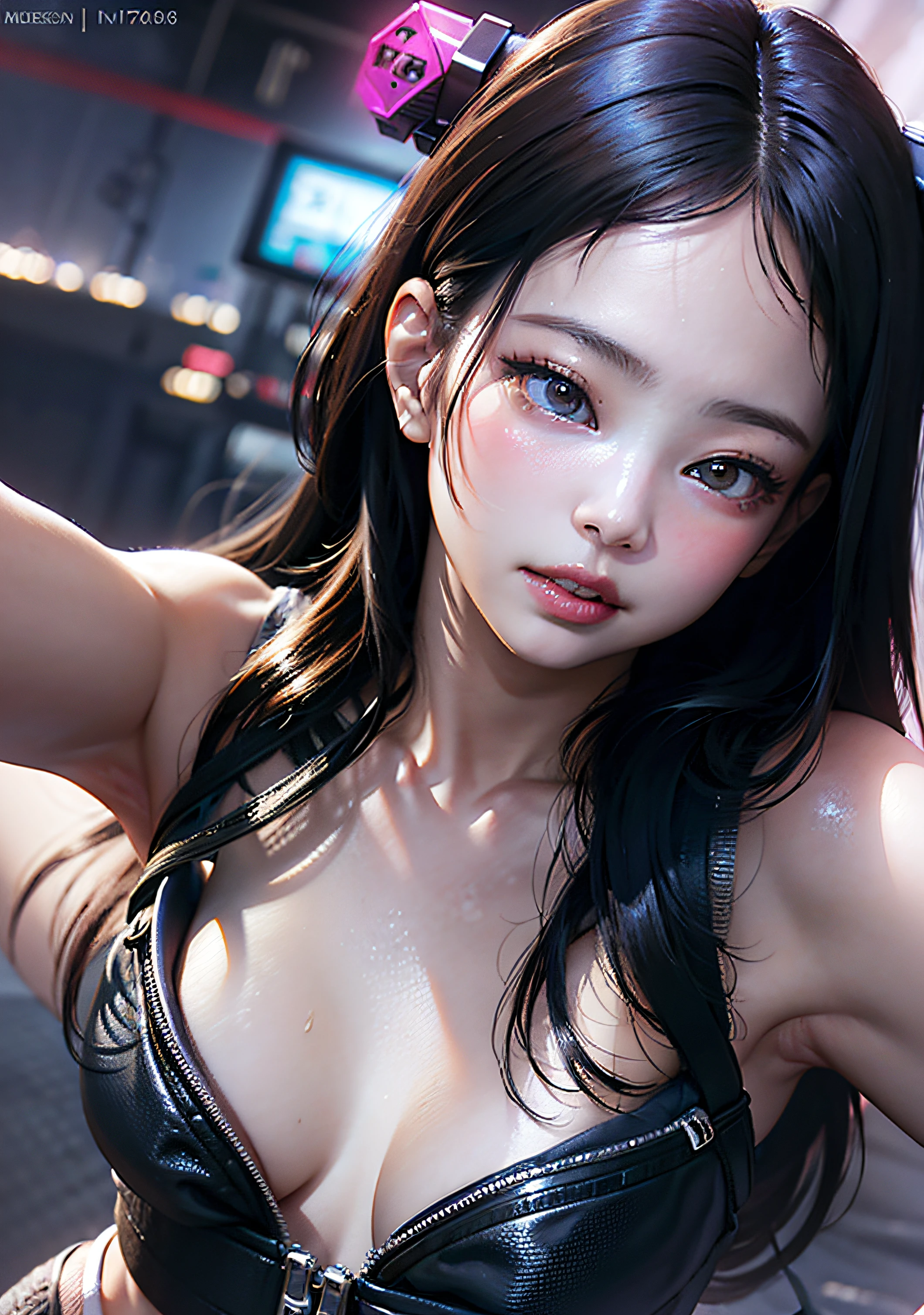 analog style, model shoot style, photo ((selfie:1.8)) of a girl, 1girl, (cyberpunk:1.8, cyberpunk city background:1.8), ((cutest face: 1.8, perfect face:1.3)), (long multicolored hair:1.4, pale skin:1.5),
(from above:1.2), best quality, epic (by lee jeffries photo, sony a7, 50 mm, pores:1.5, colors, hyperdetailed:1.5, film grain:1.4,
hyperrealistic: 1.5), hyper-realistic lifelike texture, masterpiece, unreal engine 5, Extremely detailed CG unity 8k wallpaper, realistic eyes,
Madly detailed photo, (ecstasy of light and shadow, deep shadow), (Winner of the Pulitzer Prize for Photography and Taylor Wessing Photographic Prize) Jennie Kim, sexy pose, whole body,
