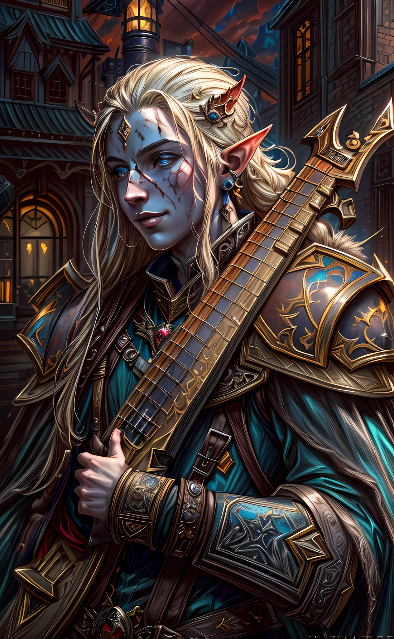 dark fantasy art, dnd art, dark RPG art, wide shot, (masterpiece:1.3), magv1ll, half elf bard in a fantasy street, full body, intense details, highly detailed, photorealistic, best quality, highres, portrait of 1(male: 1.4) half elf (fantasy art, Masterpiece, best quality: 1half elf, male, thin, pale skin, (dirt on face: 1.2), intense details facial detail (gritty fantasy art, Masterpiece, best quality: 1.4) bard, exquisite beauty, (blond hair: 1.3), (smirking in arrogance: 1.2), (dirt on face: 1.3), (grime on face: 1.3) (small pointed ears: 1.3), intense azure eyeantasy art, Masterpiece, best quality: 1.3) holding a (small lyre: 1.4) (fantasy art, Masterpiece, best quality: 1.4) wearing heavy (heavy armor, wearing) CM-Beautiful_armor, wearing leather boots, wearing a cloak, a sword slung on his back (fantasy art, Masterpiece, best quality: 1.3), smiling an arrogant smile, standing in gritty fantasy street, there are (dark red clouds: 1.3) , (dark yellows clouds: 1.3) above, sense of gloom, sense of dread, depth of field, reflection light, high details, best quality, 16k, [ultra detailed], masterpiece, best quality, (extremely detailed), dynamic angle, ultra wide shot, photorealistic, RAW, fantasy art, dnd art, fantasy art, realistic art