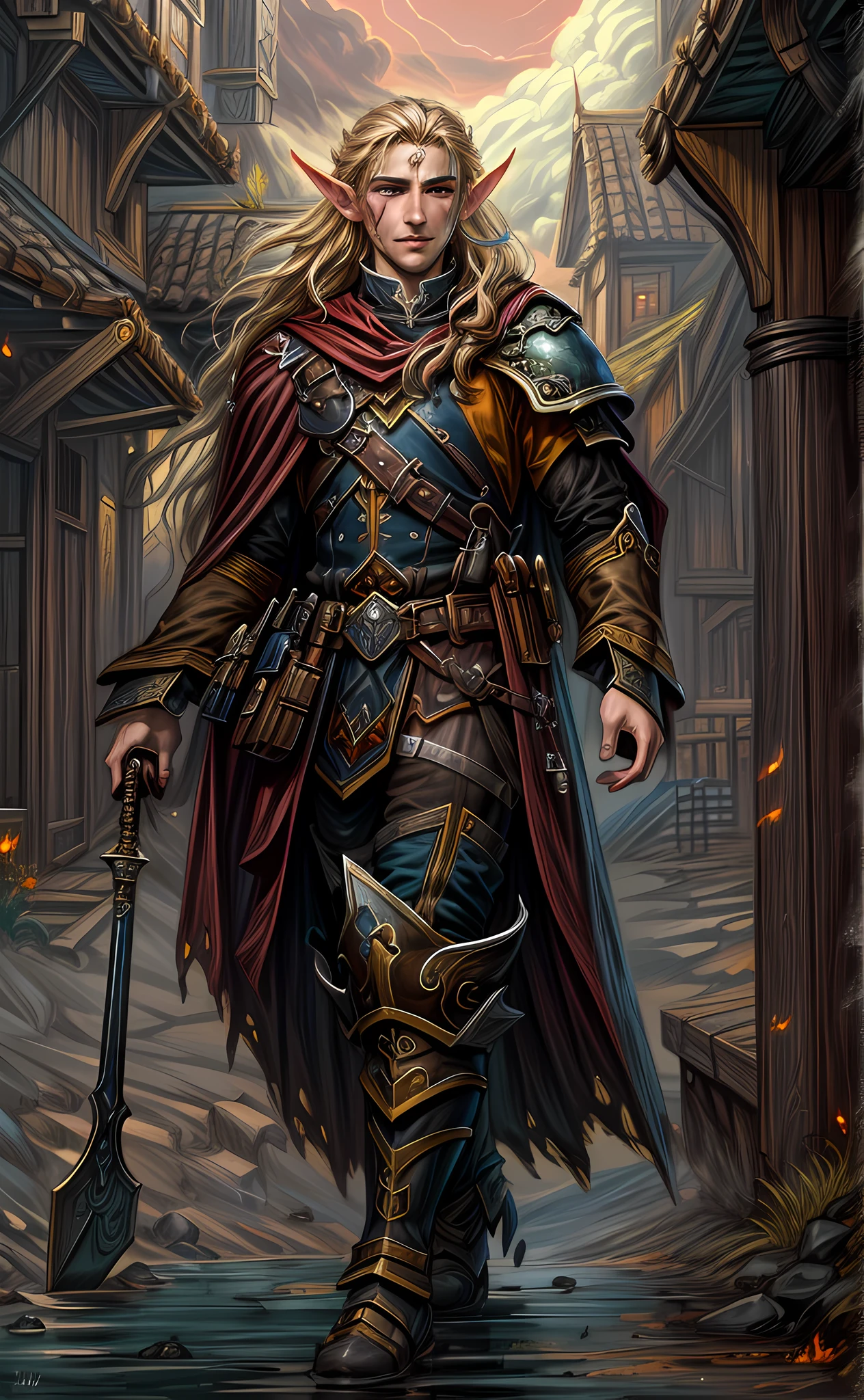 dark fantasy art, dnd art, dark RPG art, wide shot, (masterpiece:1.3), magv1ll, half elf bard in a fantasy street, full body, intense details, highly detailed, photorealistic, best quality, highres, portrait of 1(male: 1.4) half elf (fantasy art, Masterpiece, best quality: 1half elf, male, thin, pale skin, (dirt on face: 1.2), intense details facial detail (gritty fantasy art, Masterpiece, best quality: 1.4) bard, exquisite beauty, (blond hair: 1.3), (smirking in arrogance: 1.2), (dirt on face: 1.3), (grime on face: 1.3) (small pointed ears: 1.3), intense azure eyeantasy art, Masterpiece, best quality: 1.3) holding a (small lyre: 1.4) (fantasy art, Masterpiece, best quality: 1.4) wearing heavy (heavy armor, wearing) CM-Beautiful_armor, wearing leather boots, wearing a cloak, a sword slung on his back (fantasy art, Masterpiece, best quality: 1.3), smiling an arrogant smile, standing in gritty fantasy street, there are (dark red clouds: 1.3) , (dark yellows clouds: 1.3) above, sense of gloom, sense of dread, depth of field, reflection light, high details, best quality, 16k, [ultra detailed], masterpiece, best quality, (extremely detailed), dynamic angle, ultra wide shot, photorealistic, RAW, fantasy art, dnd art, fantasy art, realistic art
