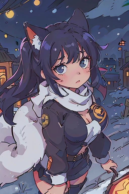Anime style, al aire libre, 1pared, wide angle,1mujer, hermosa mujer, very beautiful woman, cute face, cute expresion, cabello color negro, ojos heterocromia, heterocromia azul y amarillo, ojo derecho azul, ojo izquierdo amarillo, ojos bi color, orejas de zorro, kemonomimi, cola de zorro, fox tail, fox girl, Cabello trenzado, twintails largas, bashful, avergonzado, blushed, wide angle, Pov, staring at the camera, desde arriba, En pie, winter scarf, cute scarf, Warm Coat, abrigo grande, clima nevado, christmas city background, ciudad moderna, christmas glowing lights, (bien), rayos de luz, resplandecer, (Obra maestra), papel tapiz, extreme detail description, cuerpo completo, profesional, Retratos, Paisaje, Cinematographer, invierno, nieve, mujer de nieve, ojos azules, mejillas rojas, Abrigo de invierno, tiene abrigo invierno, big winter coat, oversize coat, medium size breast, Guantes de nieve, winter gloves, mirando hacia el cielo nocturno