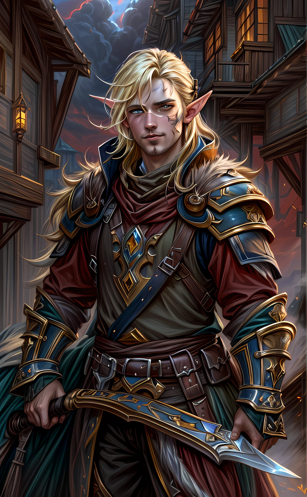 dark fantasy art, dnd art, dark RPG art, wide shot, (masterpiece:1.3), magv1ll, half elf bard in a fantasy street, full body, intense details, highly detailed, photorealistic, best quality, highres, portrait of 1(male: 1.4) half elf (fantasy art, Masterpiece, best quality: 1half elf, male, thin, pale skin, (dirt on face: 1.2), intense details facial detail (gritty fantasy art, Masterpiece, best quality: 1.4) bard, exquisite beauty, (blond hair: 1.3), (smirking in arrogance: 1.2), (dirt on face: 1.3), (grime on face: 1.3) (small pointed ears: 1.3), intense azure eyeantasy art, Masterpiece, best quality: 1.3) holding a (small lyre: 1.4) (fantasy art, Masterpiece, best quality: 1.4) wearing heavy (heavy armor, wearing) LnF, wearing leather boots, wearing a cloak, a sword slung on his back (fantasy art, Masterpiece, best quality: 1.3), smiling an arrogant smile, standing in (gritty: 1.3) fantasy street, there are (dark red clouds: 1.3) , (dark yellows clouds: 1.3) above, sense of gloom, sense of dread, depth of field, reflection light, high details, best quality, 16k, [ultra detailed], masterpiece, best quality, (extremely detailed), dynamic angle, ultra wide shot, photorealistic, RAW, fantasy art, dnd art, fantasy art, realistic art