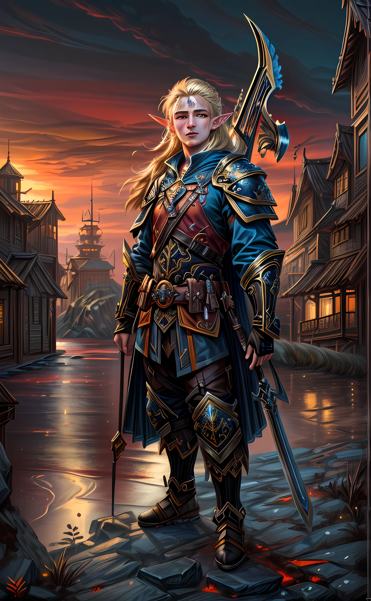 dark fantasy art, dnd art, dark RPG art, wide shot, (masterpiece:1.3), magv1ll, half elf bard in a fantasy street, full body, intense details, highly detailed, photorealistic, best quality, highres, portrait of 1(male: 1.4) half elf (fantasy art, Masterpiece, best quality: 1half elf, male, thin, pale skin, (dirt on face: 1.2), intense details facial detail (gritty fantasy art, Masterpiece, best quality: 1.4) bard, exquisite beauty, (blond hair: 1.3), (smirking in arrogance: 1.2), (dirt on face: 1.3), (grime on face: 1.3) (small pointed ears: 1.3), intense azure eyeantasy art, Masterpiece, best quality: 1.3) holding a (small lyre: 1.4) (fantasy art, Masterpiece, best quality: 1.4) wearing heavy (heavy armor, wearing) CM-Beautiful_armor, wearing leather boots, wearing a cloak, a sword slung on his back (fantasy art, Masterpiece, best quality: 1.3), smiling an arrogant smile, standing in gritty fantasy street, there are (dark red clouds: 1.3) , (dark yellows clouds: 1.3) above, sense of gloom, sense of dread, depth of field, reflection light, high details, best quality, 16k, [ultra detailed], masterpiece, best quality, (extremely detailed), dynamic angle, ultra wide shot, photorealistic, RAW, fantasy art, dnd art, fantasy art, realistic art