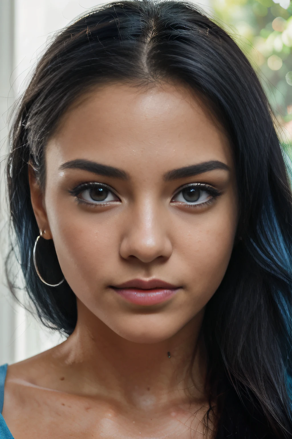 photorealistic, The best quality, hyper detailed, A close-up of a, portrait, Looking through a viewfinder, Head straight to the camera. Best shade, Beautiful sexy fitness latin girl from Venezuela, 21 years old, Young girl, blue eyes, Beautiful symmetrical face, blue hair, almond eye, full lips, hair, knotted back.