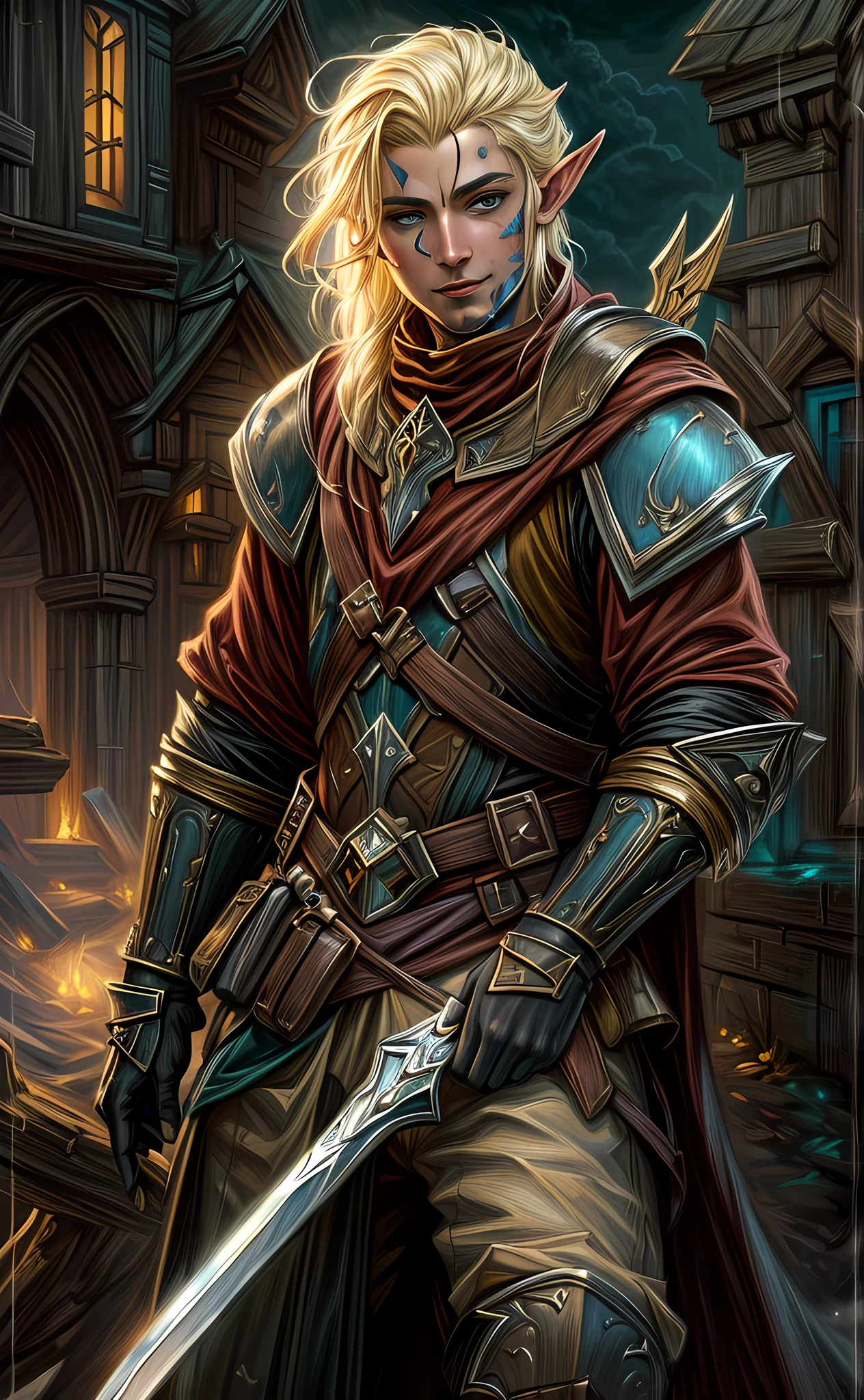 dark fantasy art, dnd art, dark RPG art, wide shot, (masterpiece:1.3), magv1ll, half elf bard in a fantasy street, full body, intense details, highly detailed, photorealistic, best quality, highres, portrait of 1(male: 1.4) half elf (fantasy art, Masterpiece, best quality: 1half elf, male, thin, pale skin, (dirt on face: 1.2), intense details facial detail (gritty fantasy art, Masterpiece, best quality: 1.4) bard, exquisite beauty, (blond hair: 1.3), (smirking in arrogance: 1.2), (dirt on face: 1.3), (grime on face: 1.3) (small pointed ears: 1.3), intense azure eyeantasy art, Masterpiece, best quality: 1.3) holding a (small lyre: 1.4) (fantasy art, Masterpiece, best quality: 1.4) wearing heavy (heavy armor, wearing) CM-Beautiful_armor, wearing leather boots, wearing a cloak, a sword slung on his back (fantasy art, Masterpiece, best quality: 1.3), smiling an arrogant smile, standing in gritty fantasy street, there are (dark red clouds: 1.3) , (dark yellows clouds: 1.3) above, sense of gloom, sense of dread, depth of field, reflection light, high details, best quality, 16k, [ultra detailed], masterpiece, best quality, (extremely detailed), dynamic angle, ultra wide shot, photorealistic, RAW, fantasy art, dnd art, fantasy art, realistic art