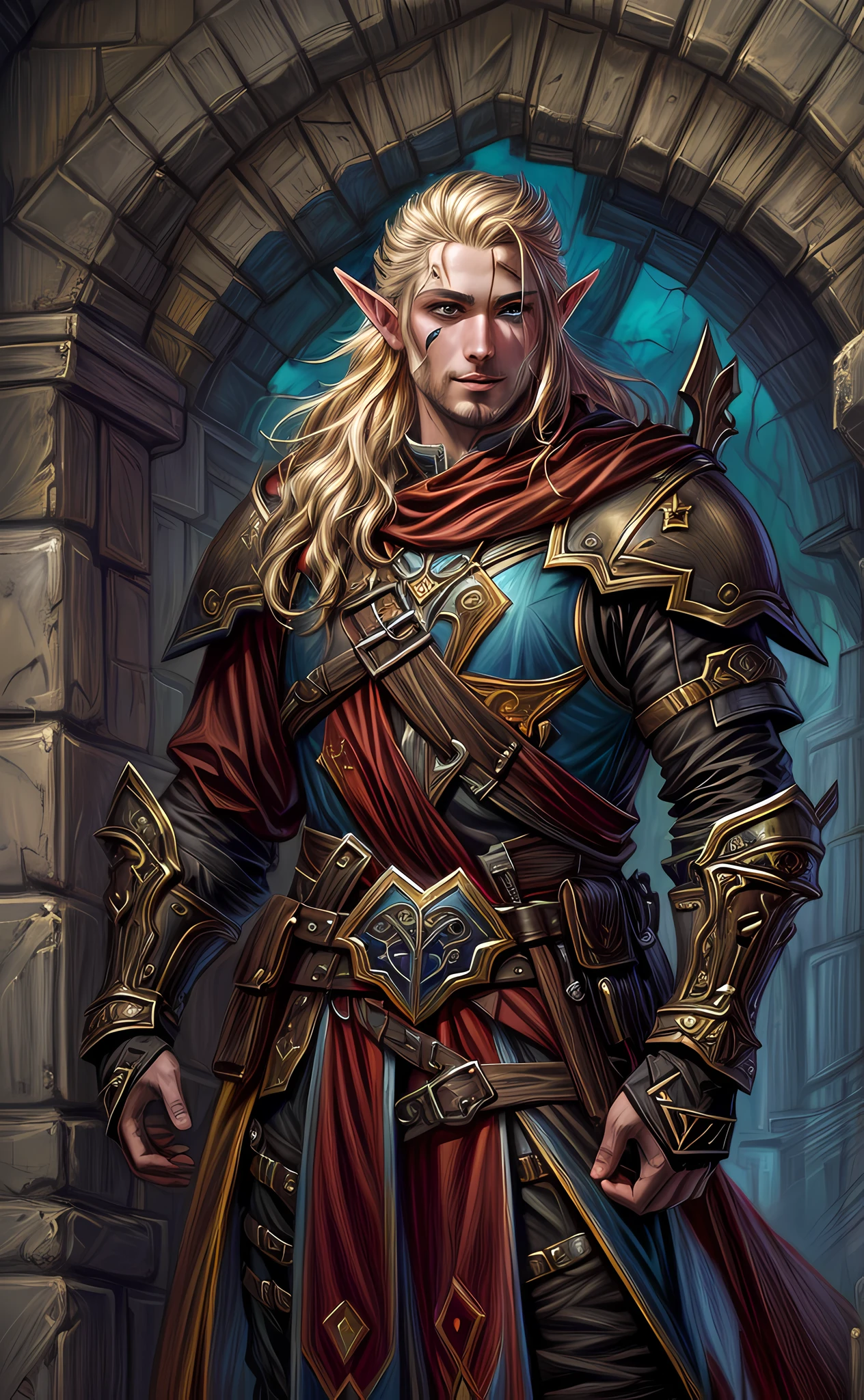 dark fantasy art, dnd art, dark RPG art, wide shot, (masterpiece:1.3), magv1ll, half elf bard in a fantasy street, full body, intense details, highly detailed, photorealistic, best quality, highres, portrait of 1(male: 1.4) half elf (fantasy art, Masterpiece, best quality: 1half elf, male, thin, pale skin, (dirt on face: 1.2), intense details facial detail (gritty fantasy art, Masterpiece, best quality: 1.4) bard, exquisite beauty, (blond hair: 1.3), (smirking in arrogance: 1.2), (dirt on face: 1.3), (grime on face: 1.3) (small pointed ears: 1.3), intense azure eyeantasy art, Masterpiece, best quality: 1.3) holding a (small lyre: 1.4) (fantasy art, Masterpiece, best quality: 1.4) wearing heavy (heavy armor, wearing) CM-Beautiful_armor, wearing leather boots, wearing a cloak, a sword slung on his back (fantasy art, Masterpiece, best quality: 1.3), smiling an arrogant smile, standing in gritty fantasy street, there are (dark red clouds: 1.3) , (dark yellows clouds: 1.3) above, sense of gloom, sense of dread, depth of field, reflection light, high details, best quality, 16k, [ultra detailed], masterpiece, best quality, (extremely detailed), dynamic angle, ultra wide shot, photorealistic, RAW, fantasy art, dnd art, fantasy art, realistic art