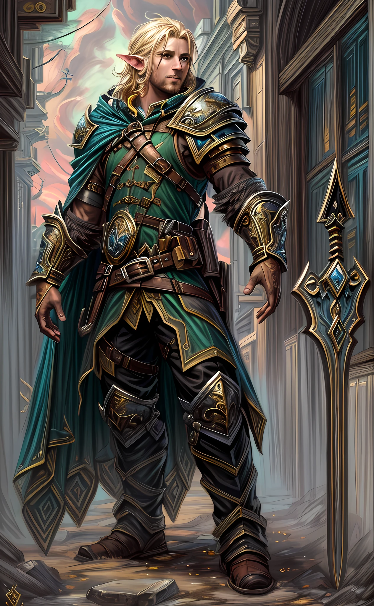 dark fantasy art, dnd art, dark RPG art, wide shot, (masterpiece:1.3), magv1ll, half elf bard in a fantasy street, full body, intense details, highly detailed, photorealistic, best quality, highres, portrait of 1(male: 1.4) half elf (fantasy art, Masterpiece, best quality: 1half elf, male, thin, pale skin, (dirt on face: 1.2), intense details facial detail (gritty fantasy art, Masterpiece, best quality: 1.4) bard, exquisite beauty, (blond hair: 1.3), (smirking in arrogance: 1.2), (dirt on face: 1.3), (grime on face: 1.3) (small pointed ears: 1.3), intense azure eyeantasy art, Masterpiece, best quality: 1.3) holding a (small lyre: 1.4) (fantasy art, Masterpiece, best quality: 1.4) wearing heavy (heavy armor, wearing) CM-Beautiful_armor, wearing leather boots, wearing a cloak, a sword slung on his back (fantasy art, Masterpiece, best quality: 1.3), smiling an arrogant smile, standing in gritty fantasy street, there are (dark red clouds: 1.3) , (dark yellows clouds: 1.3) above, sense of gloom, sense of dread, depth of field, reflection light, high details, best quality, 16k, [ultra detailed], masterpiece, best quality, (extremely detailed), dynamic angle, ultra wide shot, photorealistic, RAW, fantasy art, dnd art, fantasy art, realistic art