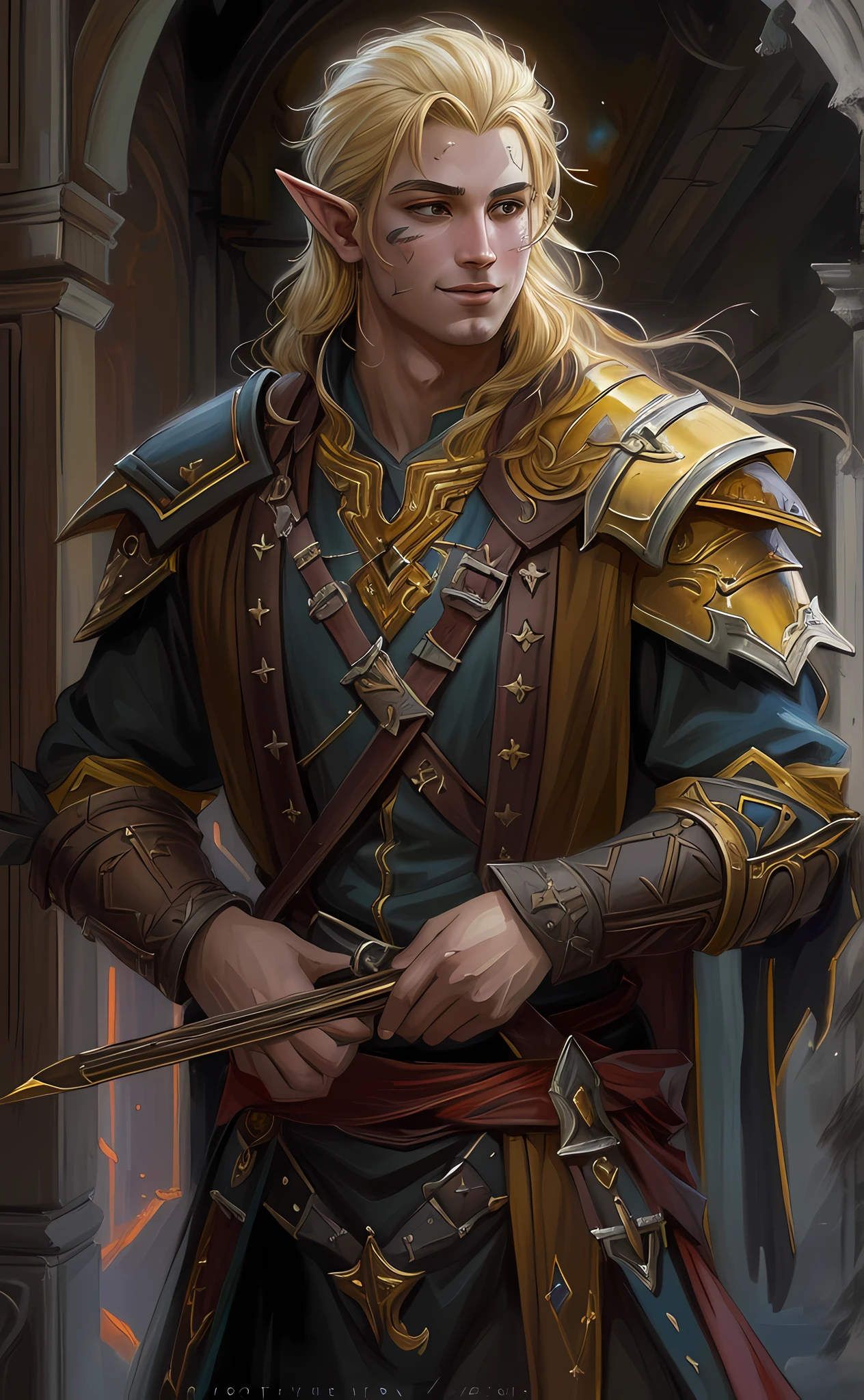 dark fantasy art, dnd art, dark RPG art, wide shot, (masterpiece:1.3), magv1ll, half elf bard in a fantasy street, full body, intense details, highly detailed, photorealistic, best quality, highres, portrait of 1(male: 1.4) half elf (fantasy art, Masterpiece, best quality: 1half elf, male, thin, pale skin, (dirt on face: 1.2), intense details facial detail (gritty fantasy art, Masterpiece, best quality: 1.4) bard, exquisite beauty, (blond hair: 1.3), (smirking in arrogance: 1.2), (dirt on face: 1.3), (grime on face: 1.3) (small pointed ears: 1.3), intense azure eyeantasy art, Masterpiece, best quality: 1.3) holding a (small lyre: 1.4) (fantasy art, Masterpiece, best quality: 1.4) wearing heavy (heavy armor, wearing) CM-Beautiful_armor, wearing leather boots, wearing a cloak, a sword slung on his back (fantasy art, Masterpiece, best quality: 1.3), smiling an arrogant smile, standing in gritty fantasy street, there are (dark red clouds: 1.3) , (dark yellows clouds: 1.3) above, sense of gloom, sense of dread, depth of field, reflection light, high details, best quality, 16k, [ultra detailed], masterpiece, best quality, (extremely detailed), dynamic angle, ultra wide shot, photorealistic, RAW, fantasy art, dnd art, fantasy art, realistic art