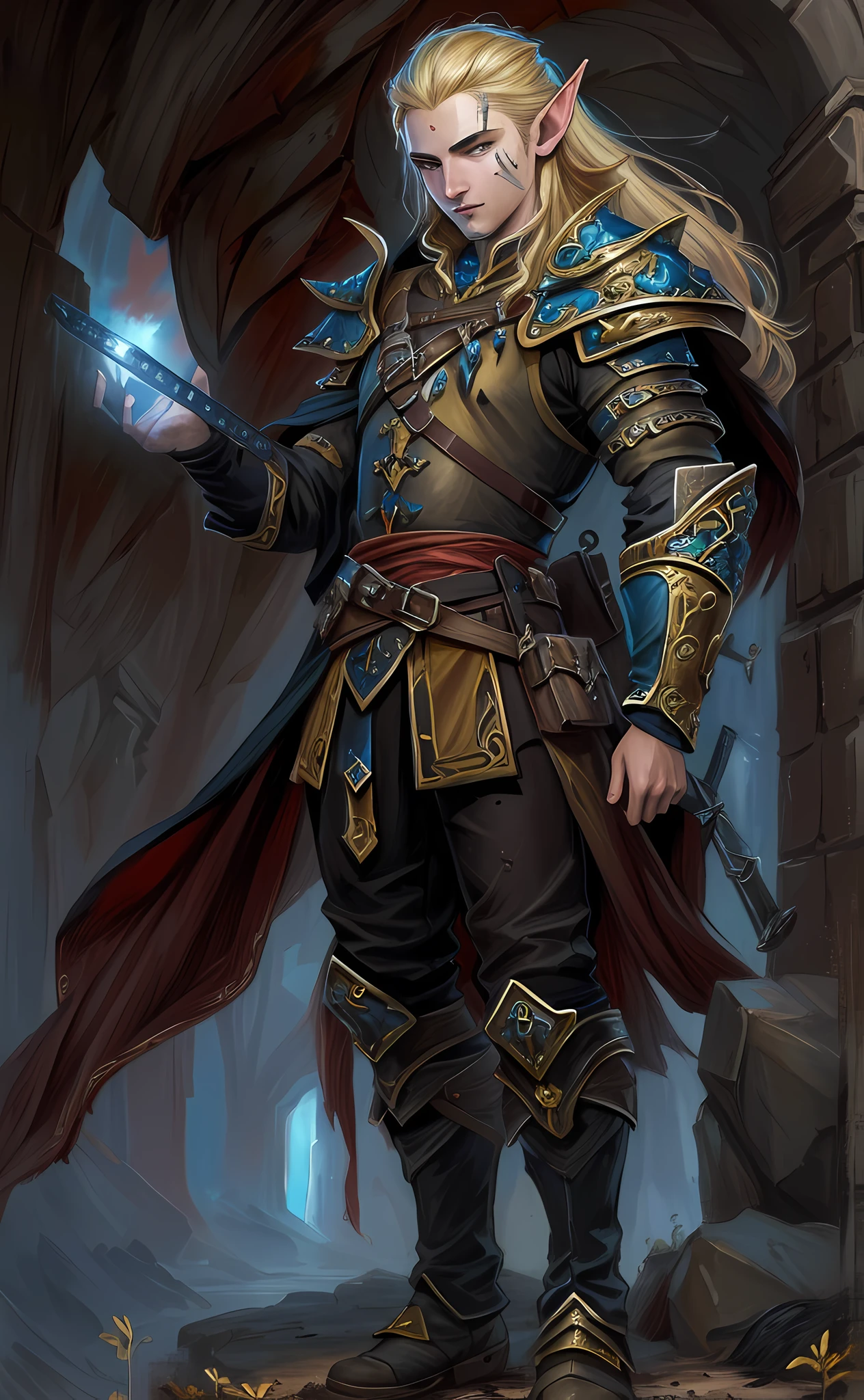 dark fantasy art, dnd art, dark RPG art, wide shot, (masterpiece:1.3), magv1ll, half elf bard in a fantasy street, full body, intense details, highly detailed, photorealistic, best quality, highres, portrait of 1(male: 1.4) half elf (fantasy art, Masterpiece, best quality: 1half elf, male, thin, pale skin, (dirt on face: 1.2), intense details facial detail (gritty fantasy art, Masterpiece, best quality: 1.4) bard, exquisite beauty, (blond hair: 1.3), (smirking in arrogance: 1.2), (dirt on face: 1.3), (grime on face: 1.3) (small pointed ears: 1.3), intense azure eyeantasy art, Masterpiece, best quality: 1.3) holding a (small lyre: 1.4) (fantasy art, Masterpiece, best quality: 1.4) wearing heavy (heavy armor, wearing) CM-Beautiful_armor, wearing leather boots, wearing a cloak, a sword slung on his back (fantasy art, Masterpiece, best quality: 1.3), smiling an arrogant smile, standing in gritty fantasy street, there are (dark red clouds: 1.3) , (dark yellows clouds: 1.3) above, sense of gloom, sense of dread, depth of field, reflection light, high details, best quality, 16k, [ultra detailed], masterpiece, best quality, (extremely detailed), dynamic angle, ultra wide shot, photorealistic, RAW, fantasy art, dnd art, fantasy art, realistic art