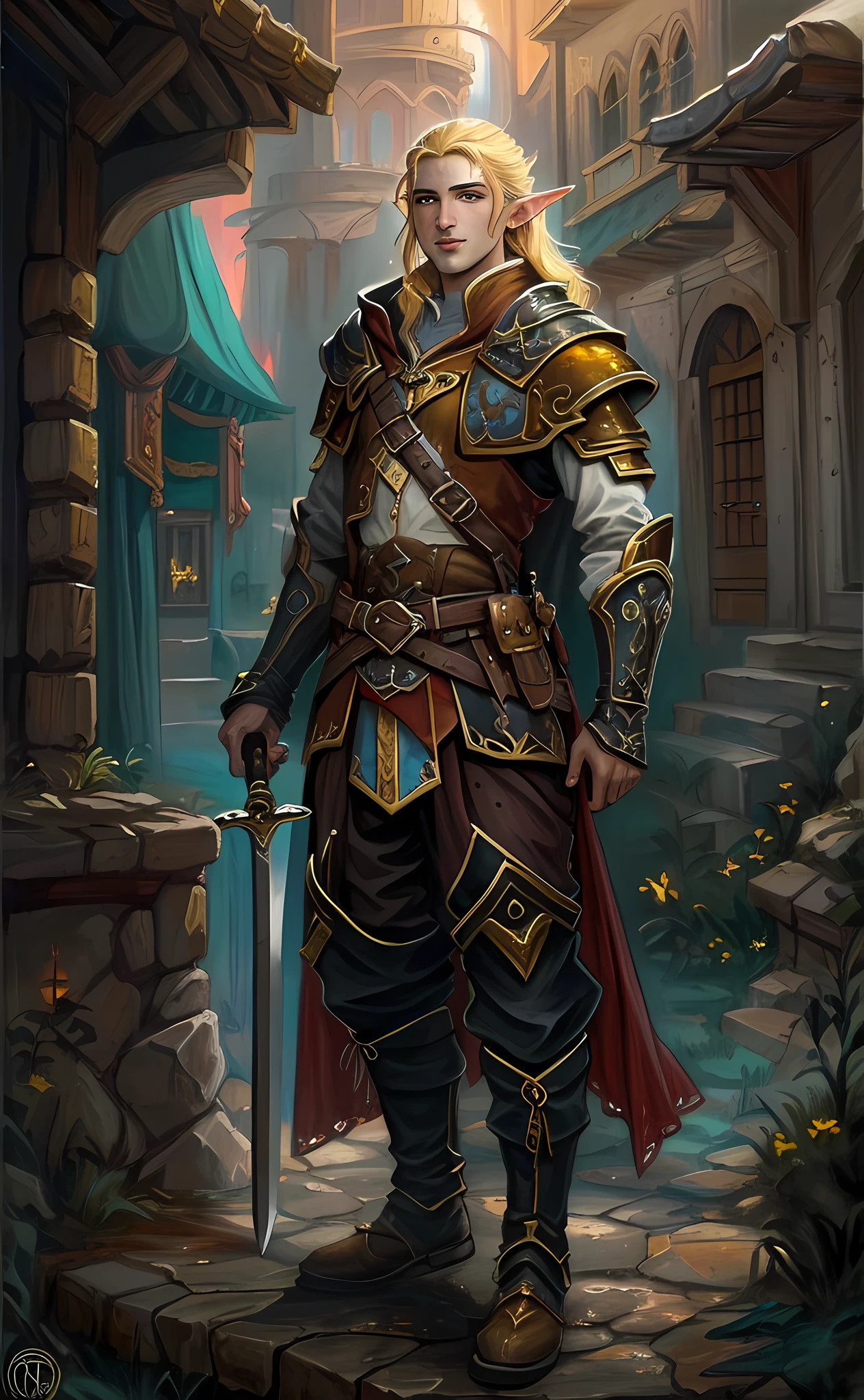 dark fantasy art, dnd art, dark RPG art, wide shot, (masterpiece:1.3), magv1ll, half elf bard in a fantasy street, full body, intense details, highly detailed, photorealistic, best quality, highres, portrait of 1(male: 1.4) half elf (fantasy art, Masterpiece, best quality: 1half elf, male, thin, pale skin, (dirt on face: 1.2), intense details facial detail (gritty fantasy art, Masterpiece, best quality: 1.4) bard, exquisite beauty, (blond hair: 1.3), (smirking in arrogance: 1.2), (dirt on face: 1.3), (grime on face: 1.3) (small pointed ears: 1.3), intense azure eyeantasy art, Masterpiece, best quality: 1.3) holding a (small lyre: 1.4) (fantasy art, Masterpiece, best quality: 1.4) wearing heavy (heavy armor, wearing) CM-Beautiful_armor, wearing leather boots, wearing a cloak, a sword slung on his back (fantasy art, Masterpiece, best quality: 1.3), smiling an arrogant smile, standing in gritty fantasy street, there are (dark red clouds: 1.3) , (dark yellows clouds: 1.3) above, sense of gloom, sense of dread, depth of field, reflection light, high details, best quality, 16k, [ultra detailed], masterpiece, best quality, (extremely detailed), dynamic angle, ultra wide shot, photorealistic, RAW, fantasy art, dnd art, fantasy art, realistic art