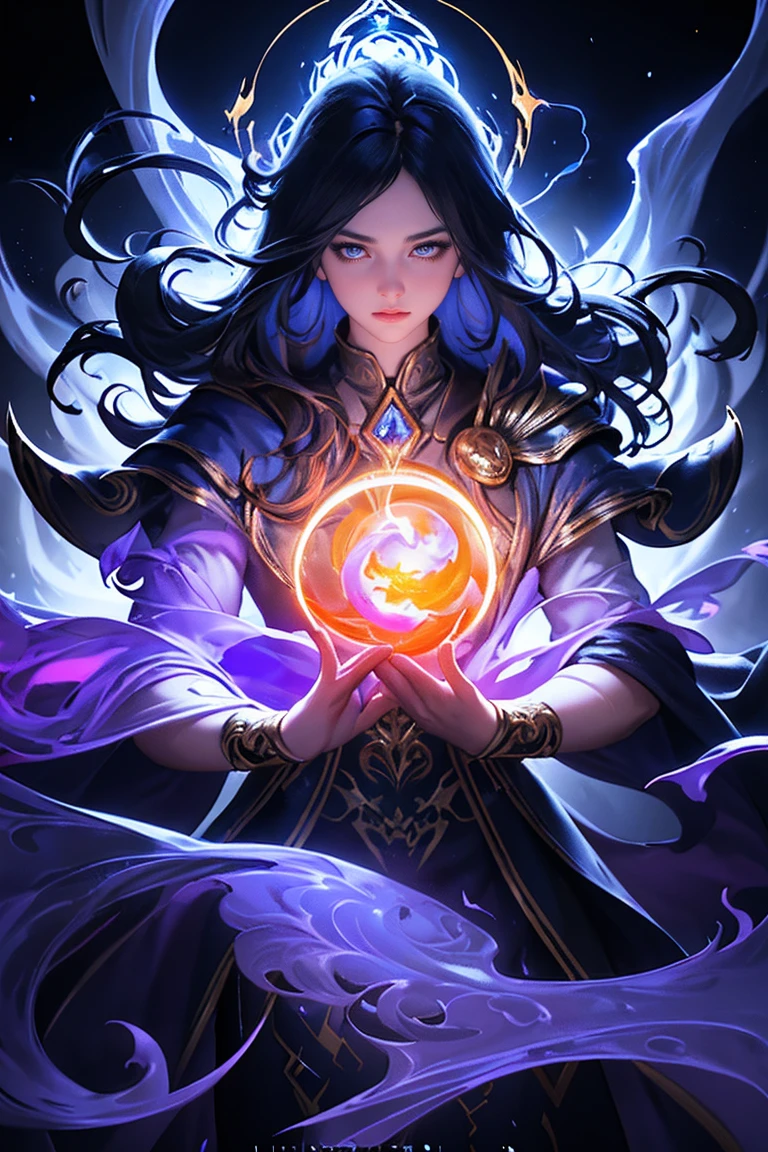 solo person,A man holds a glowing sphere in his hand, fractal lightning emanating from it. The artwork depicts the magic casting of arcane wizards, With intricate details and vivid colors. The composition reminiscent of M's work.C. Escher and Salvador Dali, Featuring surreal elements and captivating patterns. A magician surrounded by a halo of mysterious energy, when he releases his power,His robes fluttered in the wind. The scene set in a mysterious realm, With floating islands and elegant clouds. The lighting dramatic, Light pierces the dark sky. highest quality art, The resolution 8K, Show every detail. The artistic style influenced by the works of Artgerm and Atey Ghailan, Its signature blend of fantasy and reality. The color palette rich and vibrant, Mixed with dark blue, purpleish color, and fiery oranges, Create a feeling of magic and wonder. The overall atmosphere of the work mysterious and charming, Capturing the Essence of Arcane Magic.