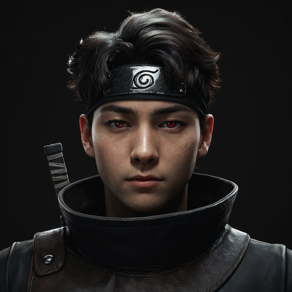 young man, pale skin, messy black hair, black eyes, thick lips, black clothes, Shisui Uchiha, realism, 3d