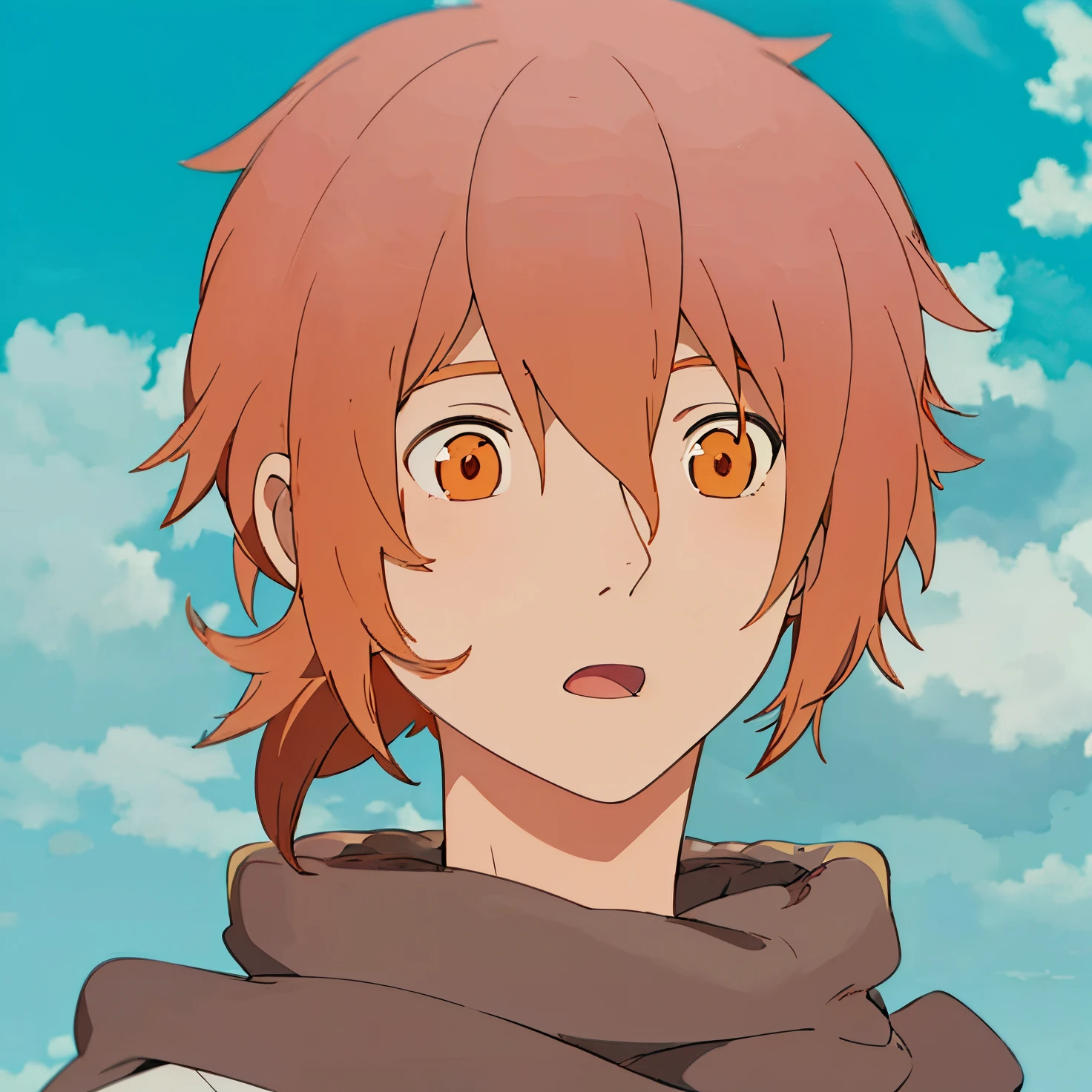 1boy, male_focus, sky, cloud, solo, open_mouth, day, looking_at_viewer, blurry, orange_eyes, blue_sky, scarf, depth_of_field, orange_hair, ghibli style, ((masterpiece)), best quality, high detailed illustration, high detailed background, hi-res