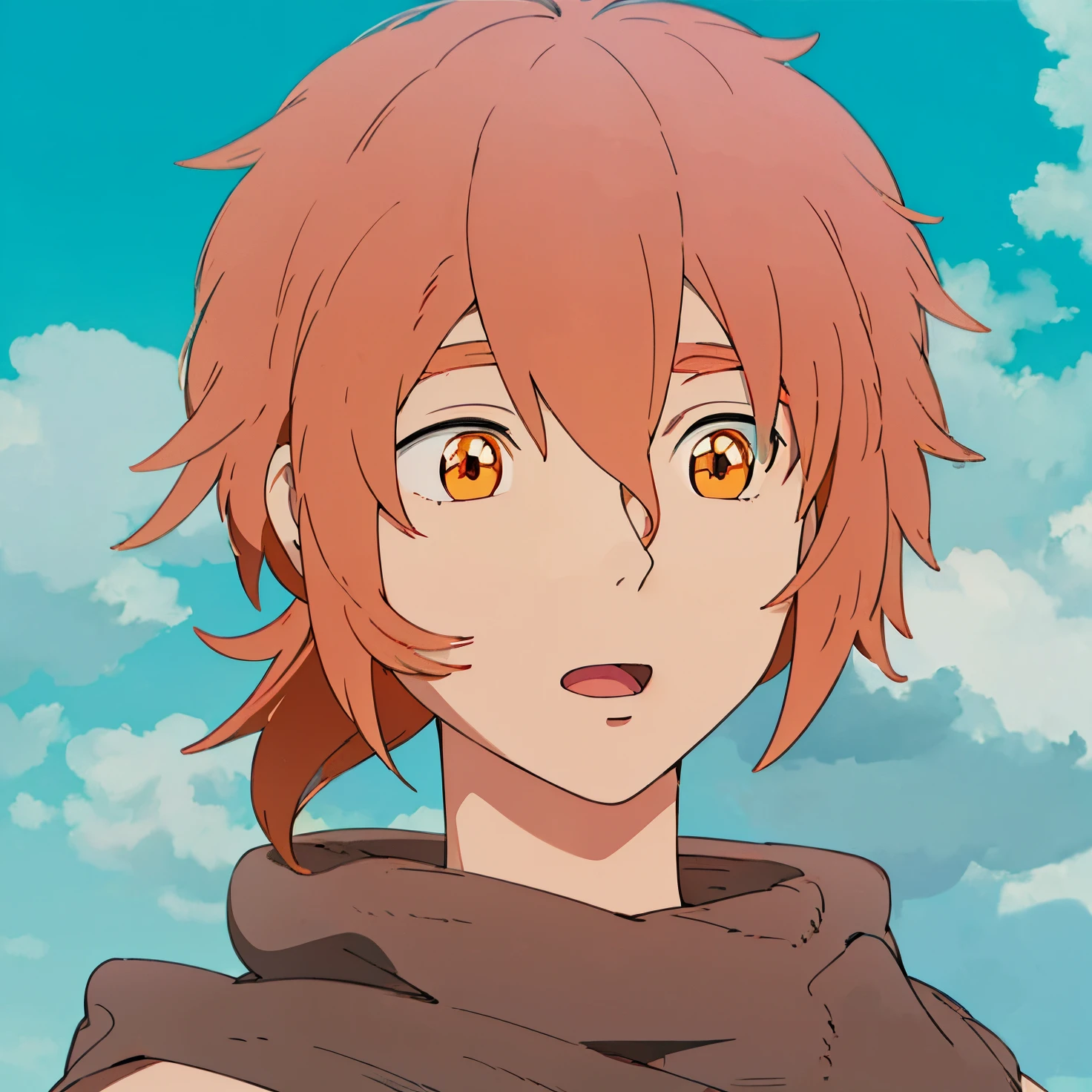 1boy, male_focus, sky, cloud, solo, open_mouth, day, looking_at_viewer, blurry, orange_eyes, blue_sky, scarf, depth_of_field, orange_hair, ghibli style, ((masterpiece)), best quality, high detailed illustration, high detailed background, hi-res