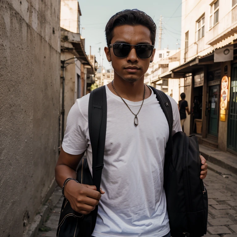 Garoto de 15 anos, negro, sunglasses, mochila nas costas, fone de ouvido, olhar centralizado