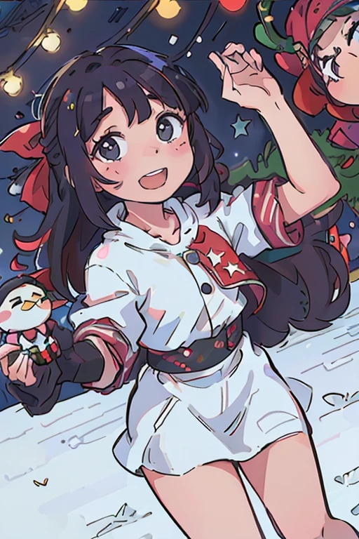Smiling dark-haired girl in a sailor suit wearing a Santa Claus hat