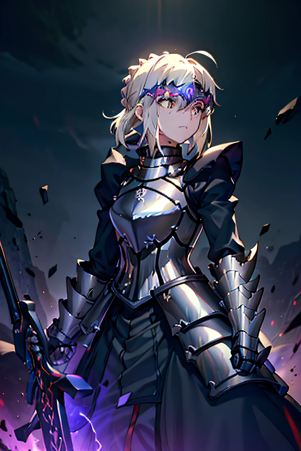 1girl, alter servant, solo, armor, black armor, body markings, pale skin, weapon, dark persona, gauntlets, armored dress, dress, black dress, (corruption), short hair, dark knight, braid, french braid, ((visor armor in the eyes)), darkness, boots, armored boots, gauntlets, standing, ((looking afar)), sidelocks, closed mouth, sidelocks, pauldrons, shoulder armor, upper body, aura, dark aura, ahoge