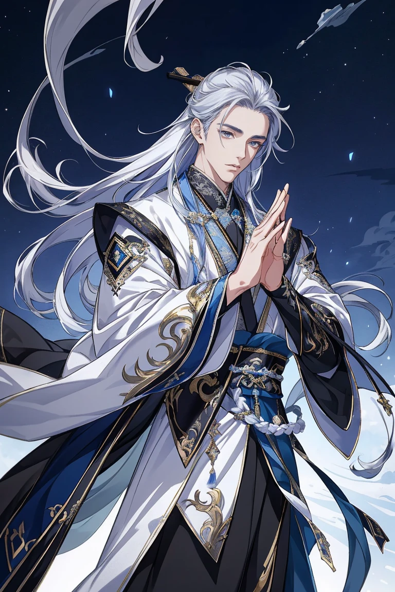 tmasterpiece,male people,the only person,(Best quality at best), (1 Antique Man, long flowing silver hair,Black Hanfu,Blackn clothes,style of anime, god light, dynamicposes,starrysky,meteors,rays of moonlight,
