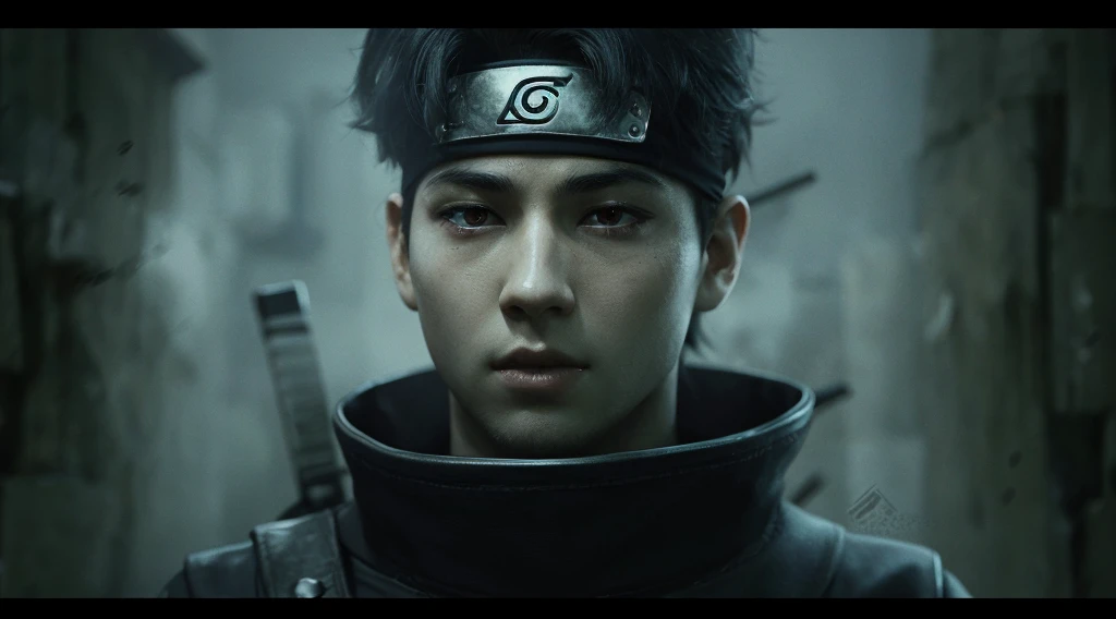 young man, pale skin, messy black hair, black eyes, thick lips, black clothes, Shisui Uchiha, realism, 3d