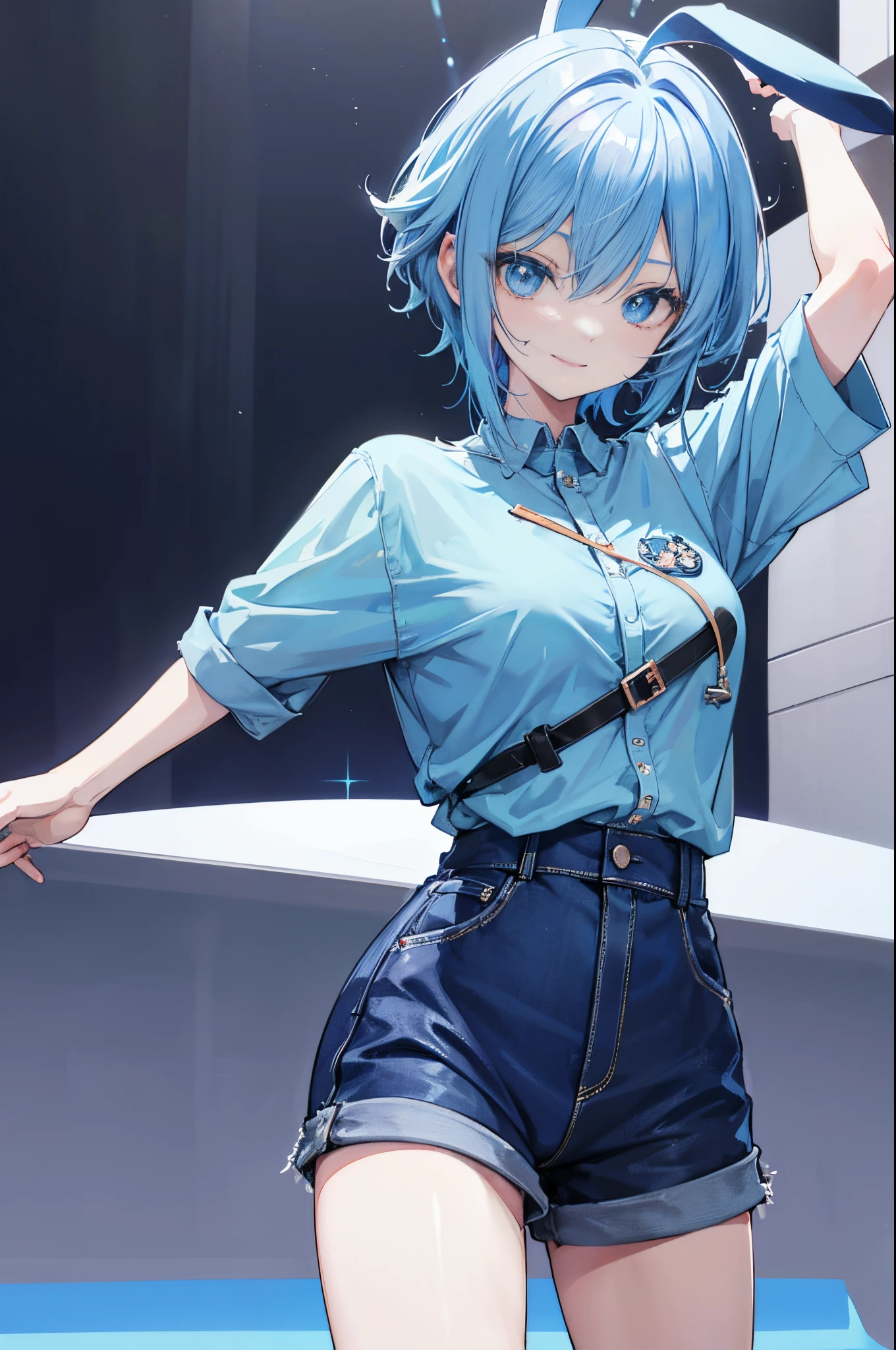 Anime girl with blue hair and blue shirt posing in front of a mirror ...