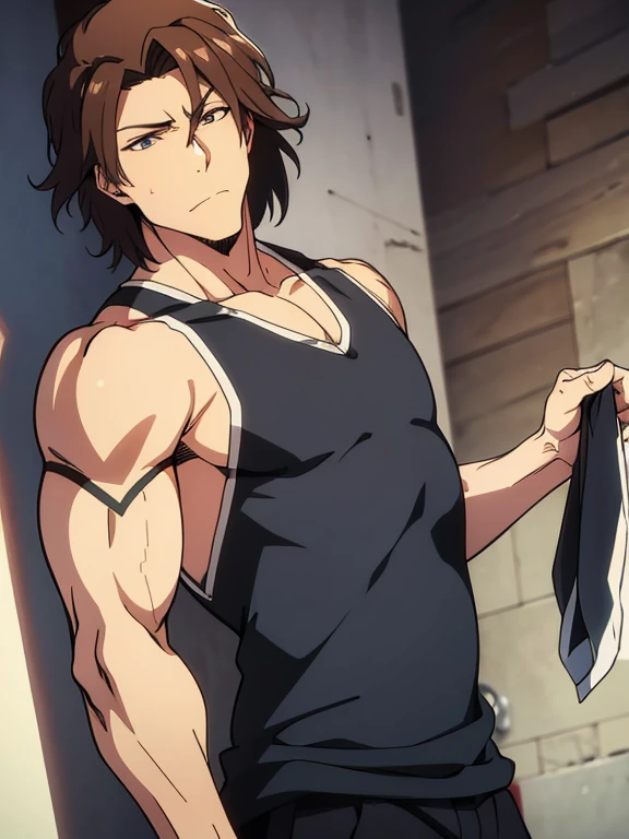 muscular anime man with medium length brown hair, fading grey eyes