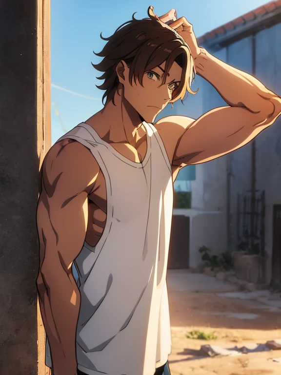 muscular anime man with medium length brown hair, fading grey eyes