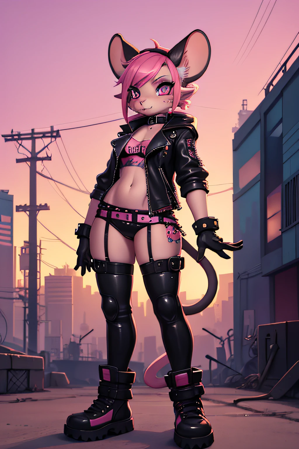 mouse woman in a leather outfit with a pink mouse on her head, dressed in punk clothing, cyberpunk cat, dressed in crustpunk clothing, mechanic punk outfit, diesel punk female, elfpunk, attractive mouse girl, cyberpunk mouse folk engineer, beautiful young catgirl, anthro cat, full body cgsociety, wearing a punk outfit