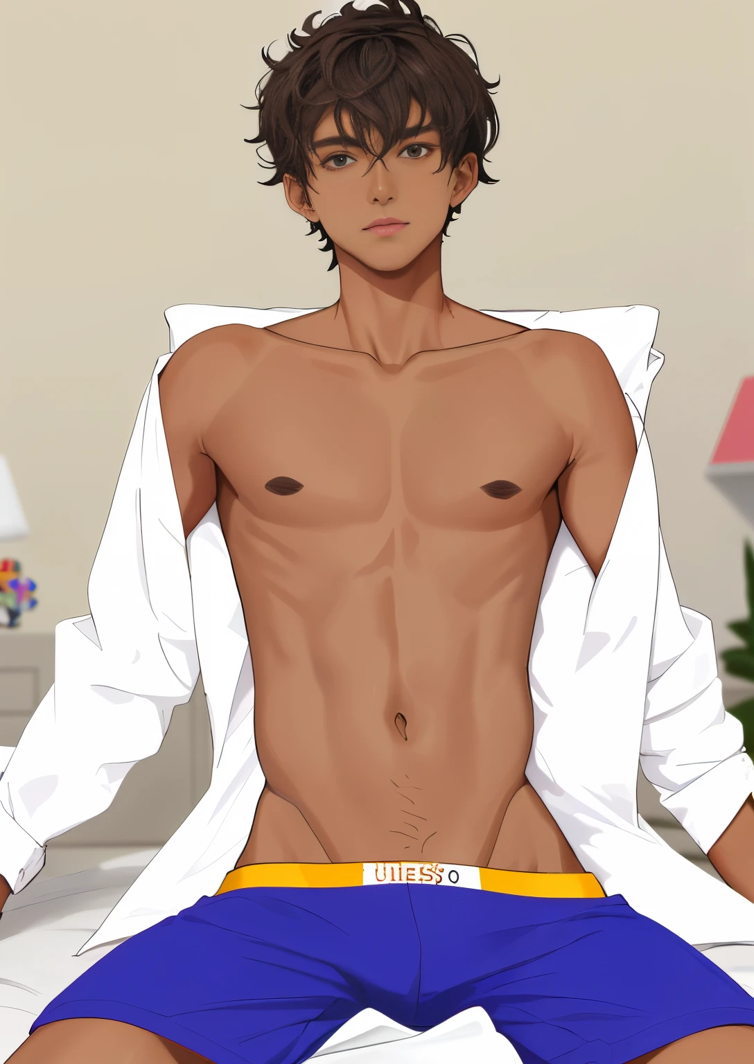 (absurdres, highres, ultra detailed, HDR), masterpiece, best quality, boy, 25 year old, tanned skin, twink, smooth body, dark hair, messy hair, white shirt, unbuttoned shirt, boxers, bulge, sitting on bed,