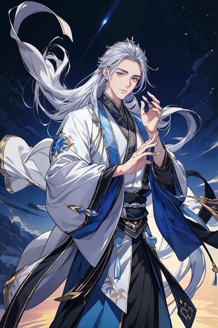 tmasterpiece，male people，the only person，（Best quality）， （1 Antique Man， long flowing silver hair，Black Hanfu，Blackn clothes，style of anime, god light,  dynamicposes，starrysky，meteors，rays of moonlight，