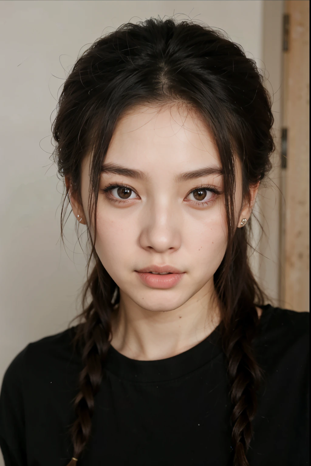 um close up de uma mulher com cabelos longos e uma camisa preta, wan adorable korean face, korean symmetrical face, young adorable korean face, jennie blackpink, korean face features, beautiful aesthetic face, Heonhwa Choe, Mulher sul-coreana bonita, Ulzzang, maquiagem sul-coreana popular, menina coreana, maquiagem coreana popular, young cute wan asian face, chaeyoung de duas vezes, nayeon, Asian
