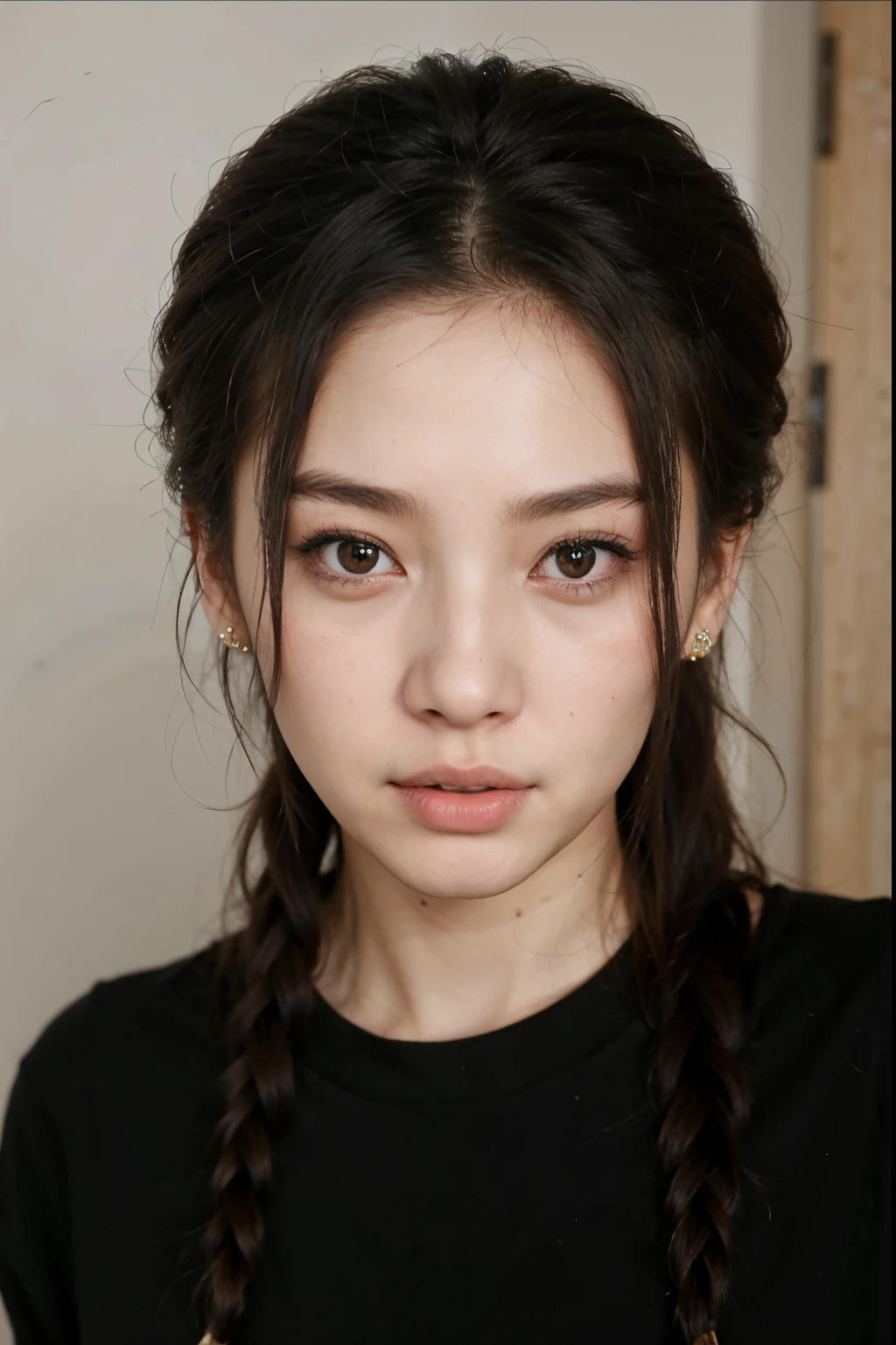 um close up de uma mulher com cabelos longos e uma camisa preta, wan adorable korean face, korean symmetrical face, young adorable korean face, jennie blackpink, korean face features, beautiful aesthetic face, Heonhwa Choe, Mulher sul-coreana bonita, Ulzzang, maquiagem sul-coreana popular, menina coreana, maquiagem coreana popular, young cute wan asian face, chaeyoung de duas vezes, nayeon, Asian