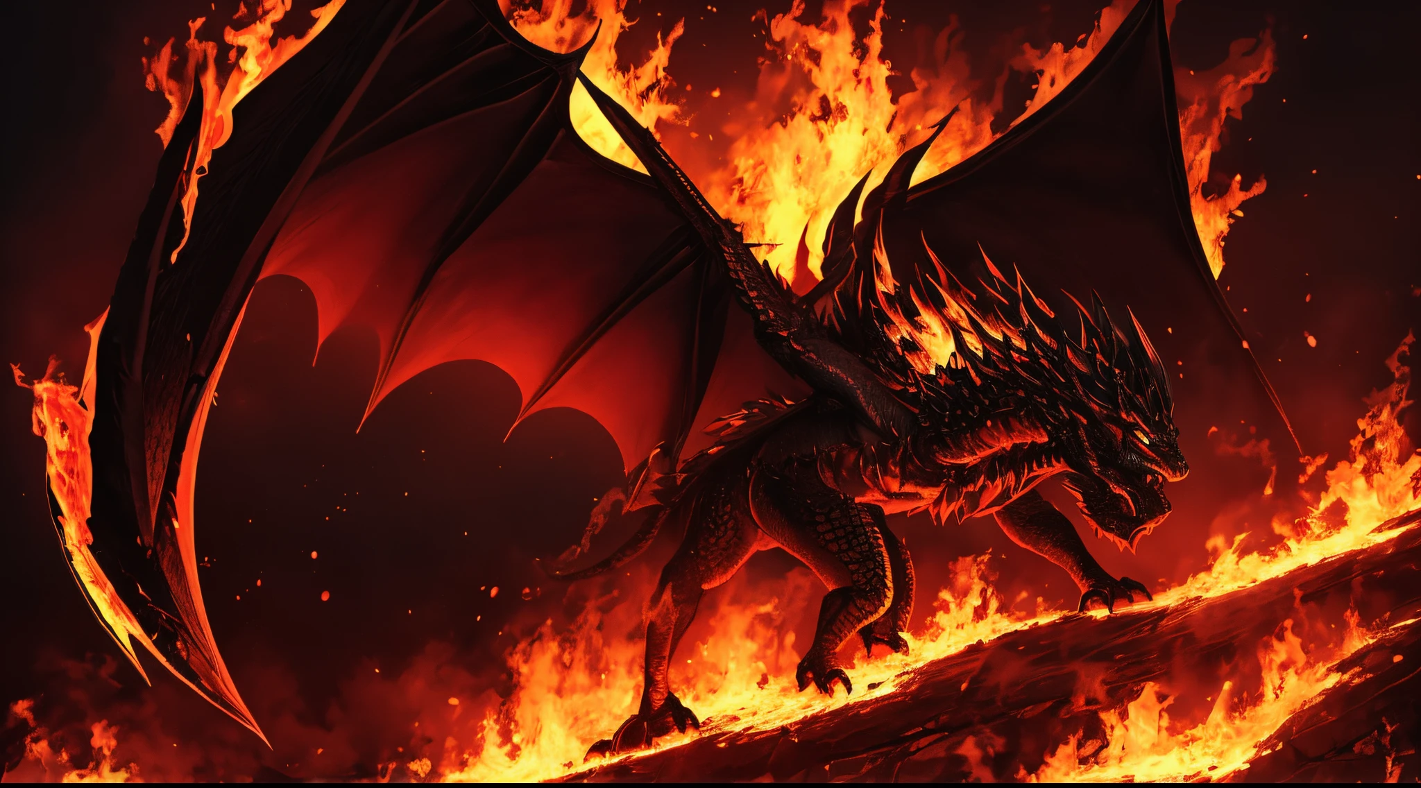 black dragon engulfed in flames