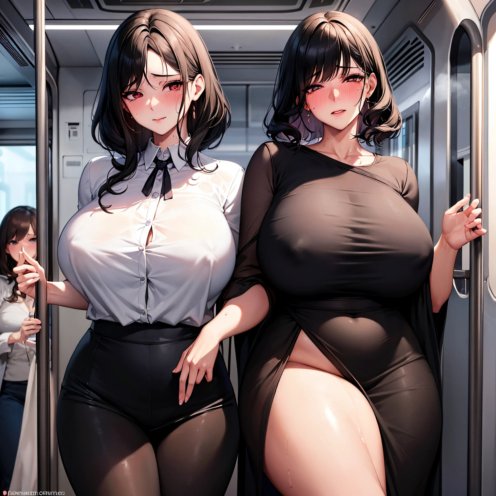 tareme,(short wavy hair:1.1),photorealistic anime art style,black hair,(2women),mature women  standing in train,elegant shawl,white blouse,look at viewer,,(mature face),(orgasm),(plump body),heart pupils,sweaty,(blushed:1.2),(mole under eye),eyeliner,(pubic hair),sweaty,