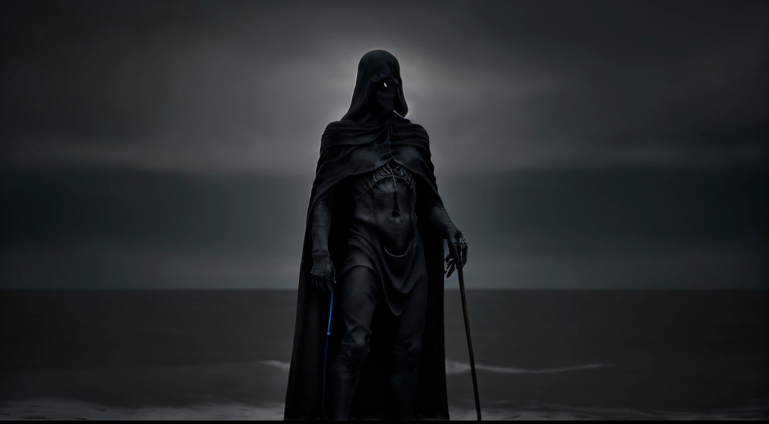 The canvas would be awash with an ethereal twilight, the boundary between life and death, where the Grim Reaper's spectral form stands tall, his skeletal silhouette a stark contrast against the soft, hazy background. His weathered cape billows gently, a silent testament to his countless journeys through the realms of existence.