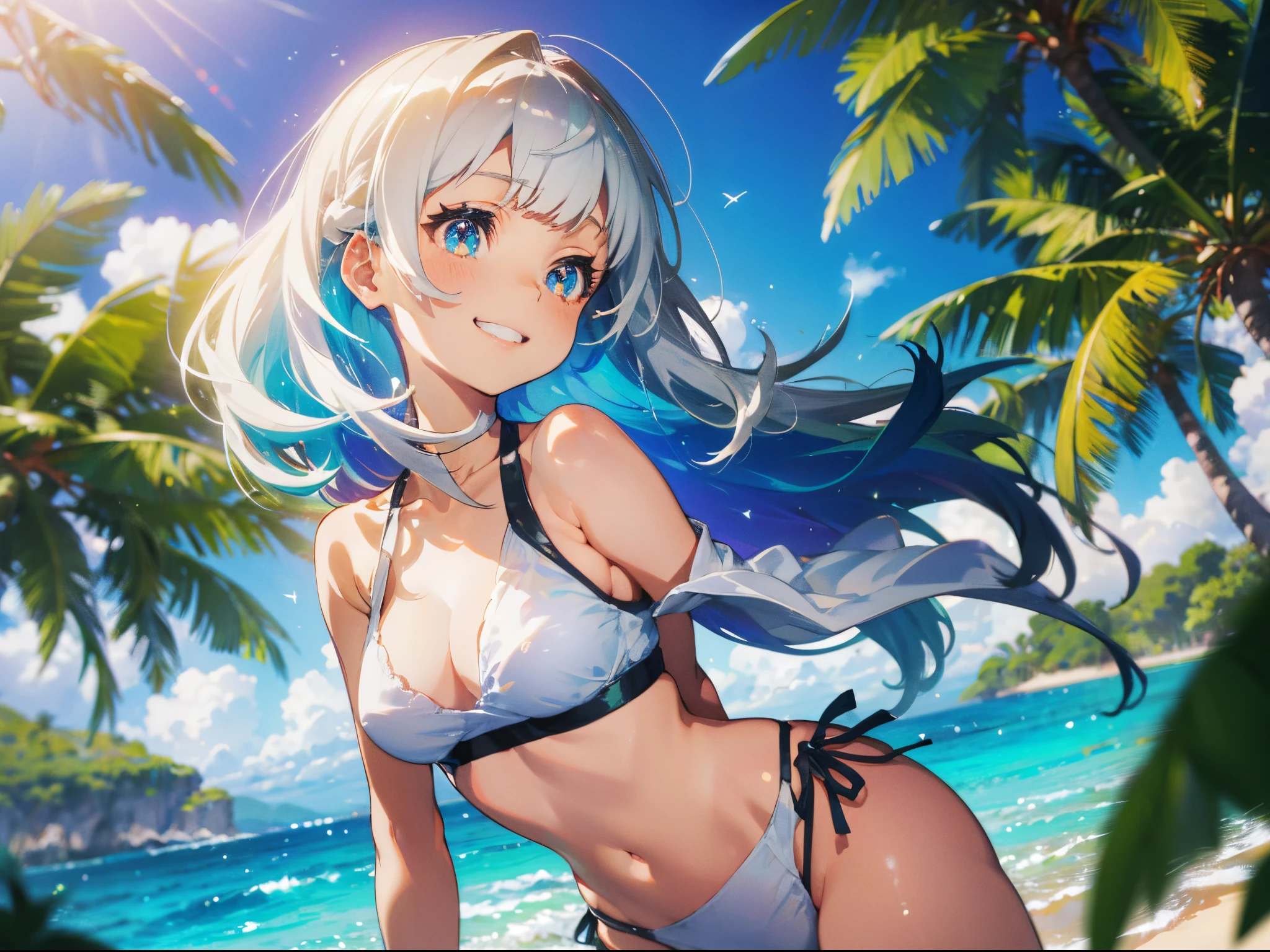 a girl、high female、a picture、realisticlying、top-quality、adopt、A detailed face、multicolored long hair、sparkling eyes,lightly smileing,Southern island、tropical white sand beach,full body Esbian、White Bikini、a detailed backgrounds、diffuse sunlight、depth of fieldokeh,dutch angle shot,ground-level shot,low angle,colorful refraction