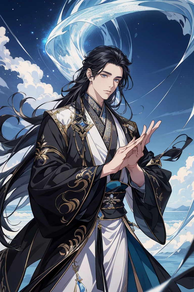 tmasterpiece，male people，the only person，（Best quality at best）， （1 Antique Man， flowing long black hair，Black Hanfu，Blackn clothes，style of anime, god light,  dynamicposes，starrysky，meteors，rays of moonlight，