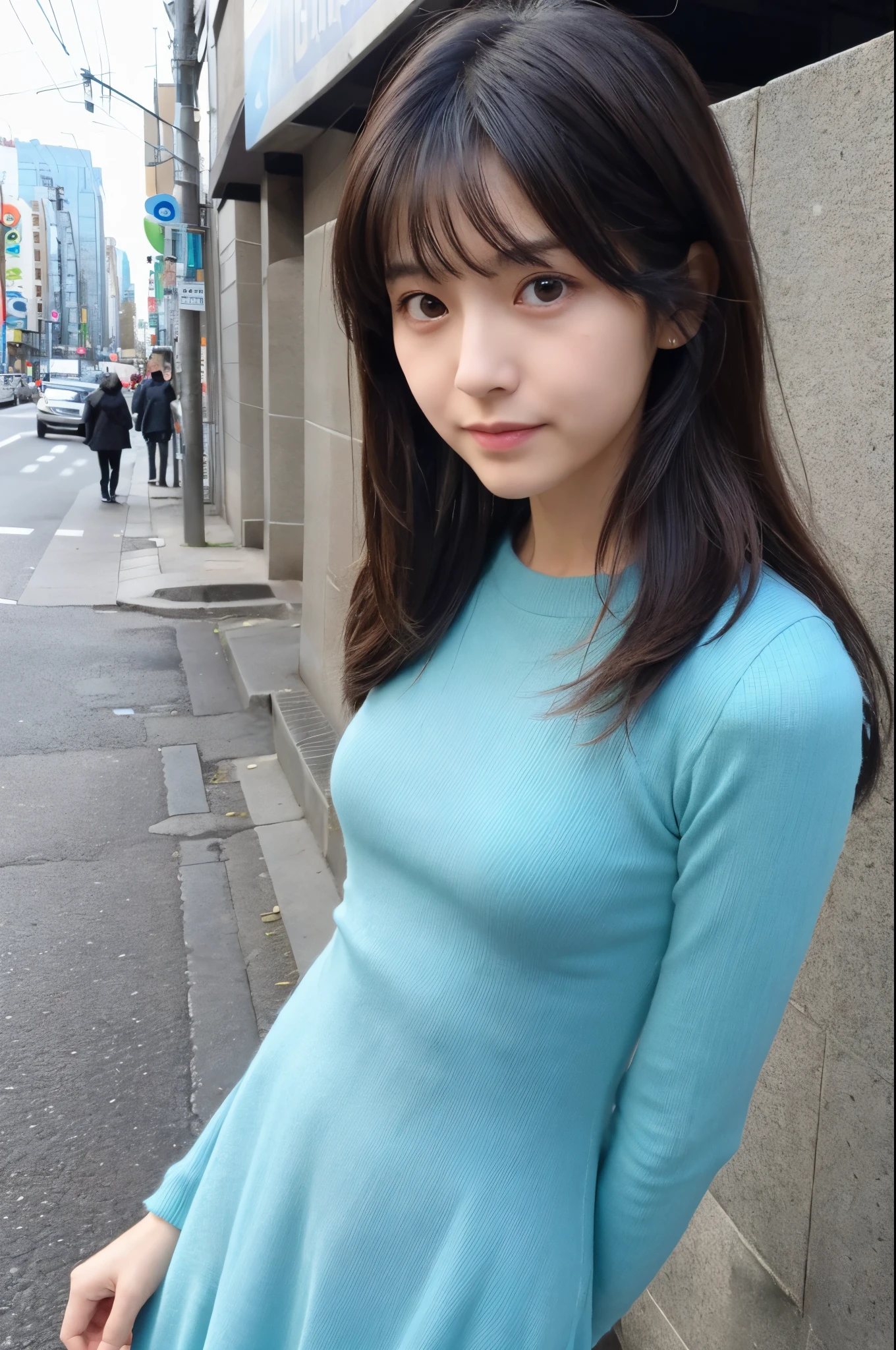 (High reality photograph, high resolusion, detailed face, detailed eyes, various angle) Japanese lady, 40 years old, cute face, skinny figure, very skinny waist, various hair style, tight knit dress, standing in a various place, full-body photo